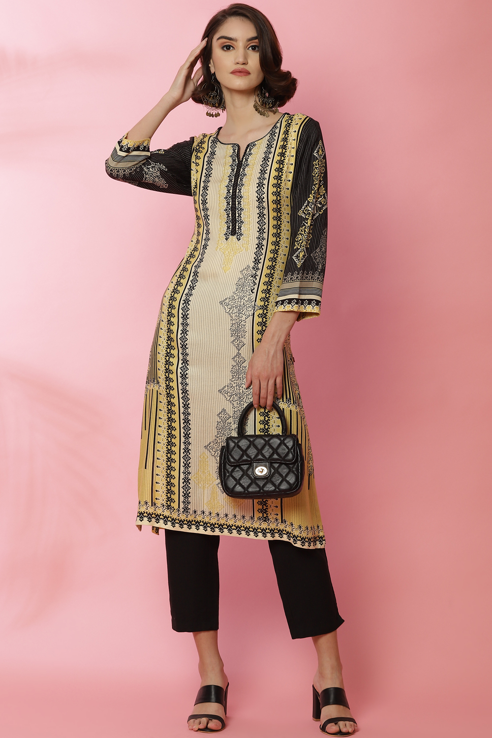 Black And Off White Viscose Printed Kurta image number 5