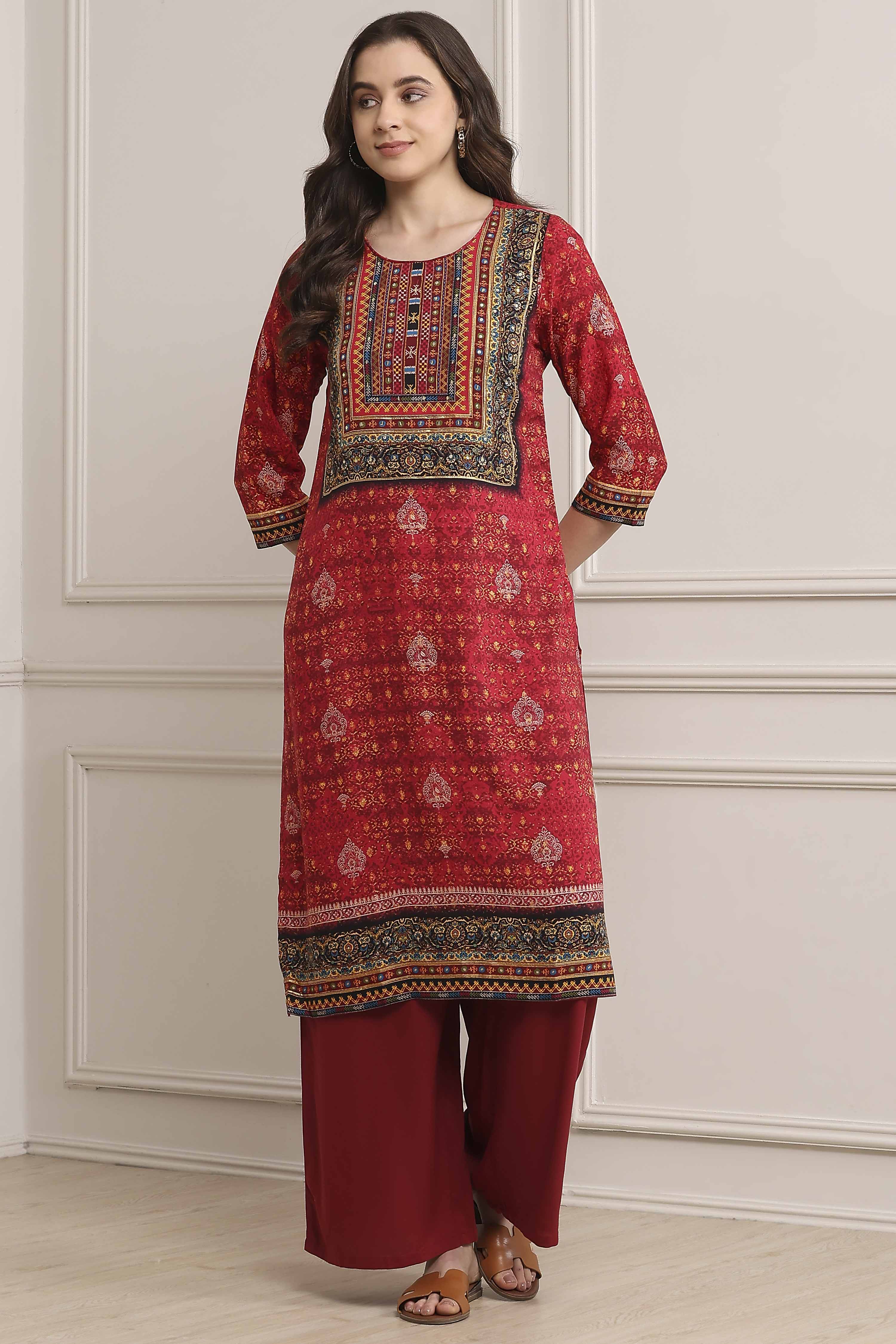 Red LIVA Straight Printed Kurta image number 5