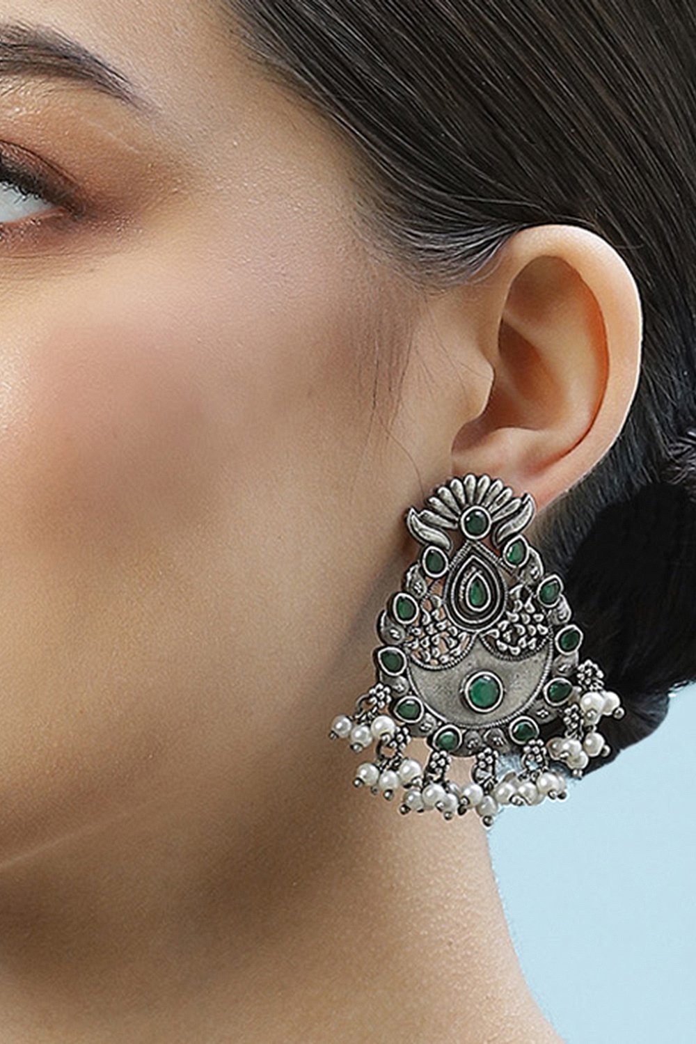 Oxidised Green Brass Earrings image number 1