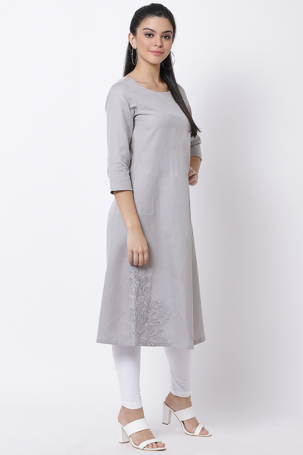 Grey Cotton Linen A-Line Yarndyed Kurta image number 3