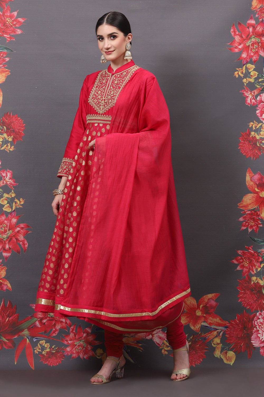 Rohit Bal Fuchsia Art Silk Anarkali Yarndyed Suit Set image number 0
