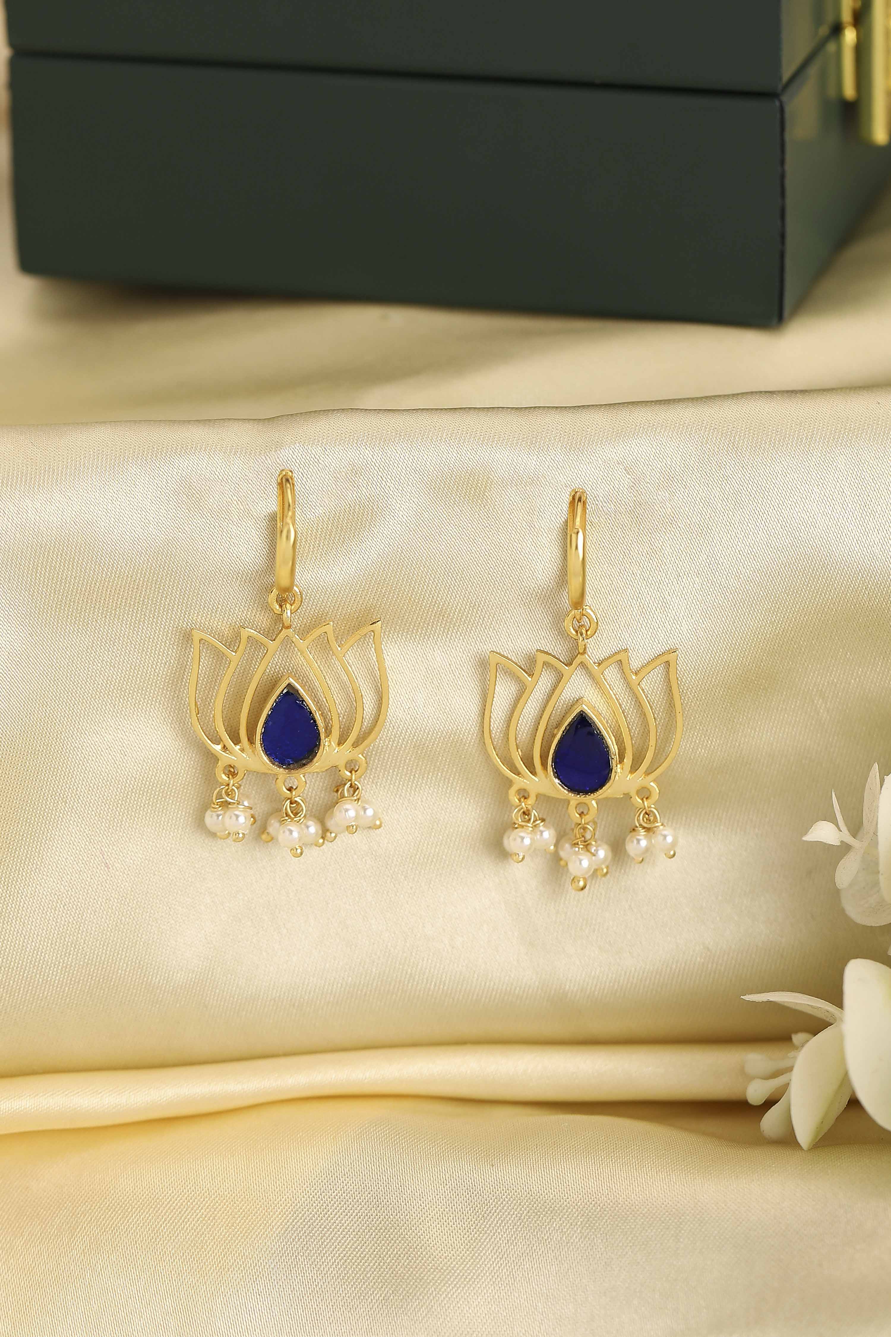 Navy Blue Gold Plated Brass Floral Drop Earrings image number 4