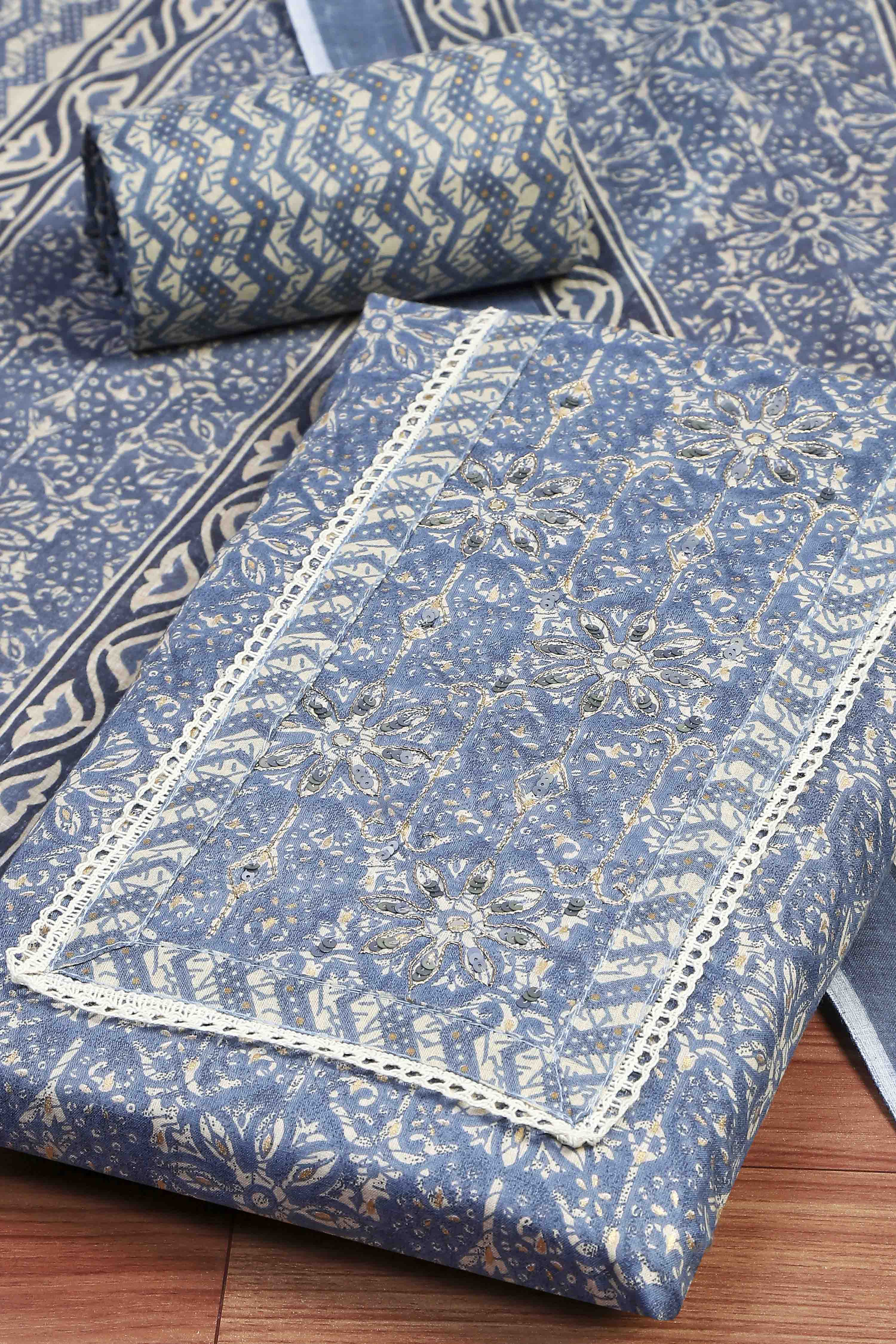 Blue Cotton Unstitched Suit Set image number 1