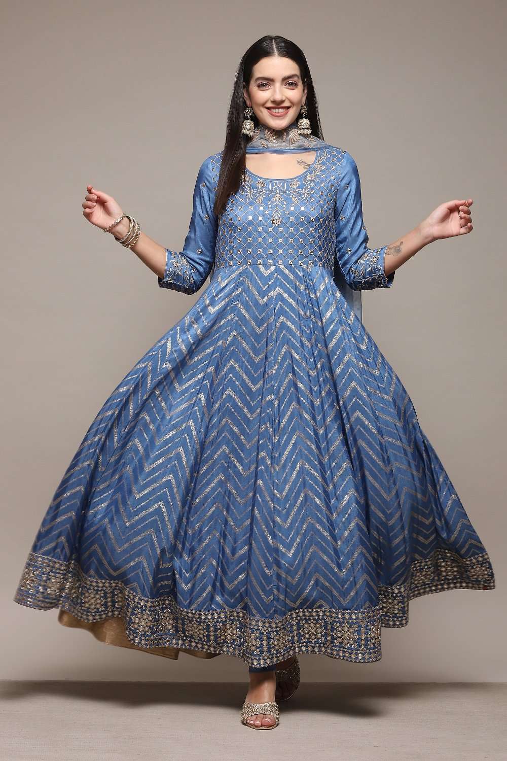 Powder Blue Jersey Anarkali Kurta Churidar Suit Set image number 8