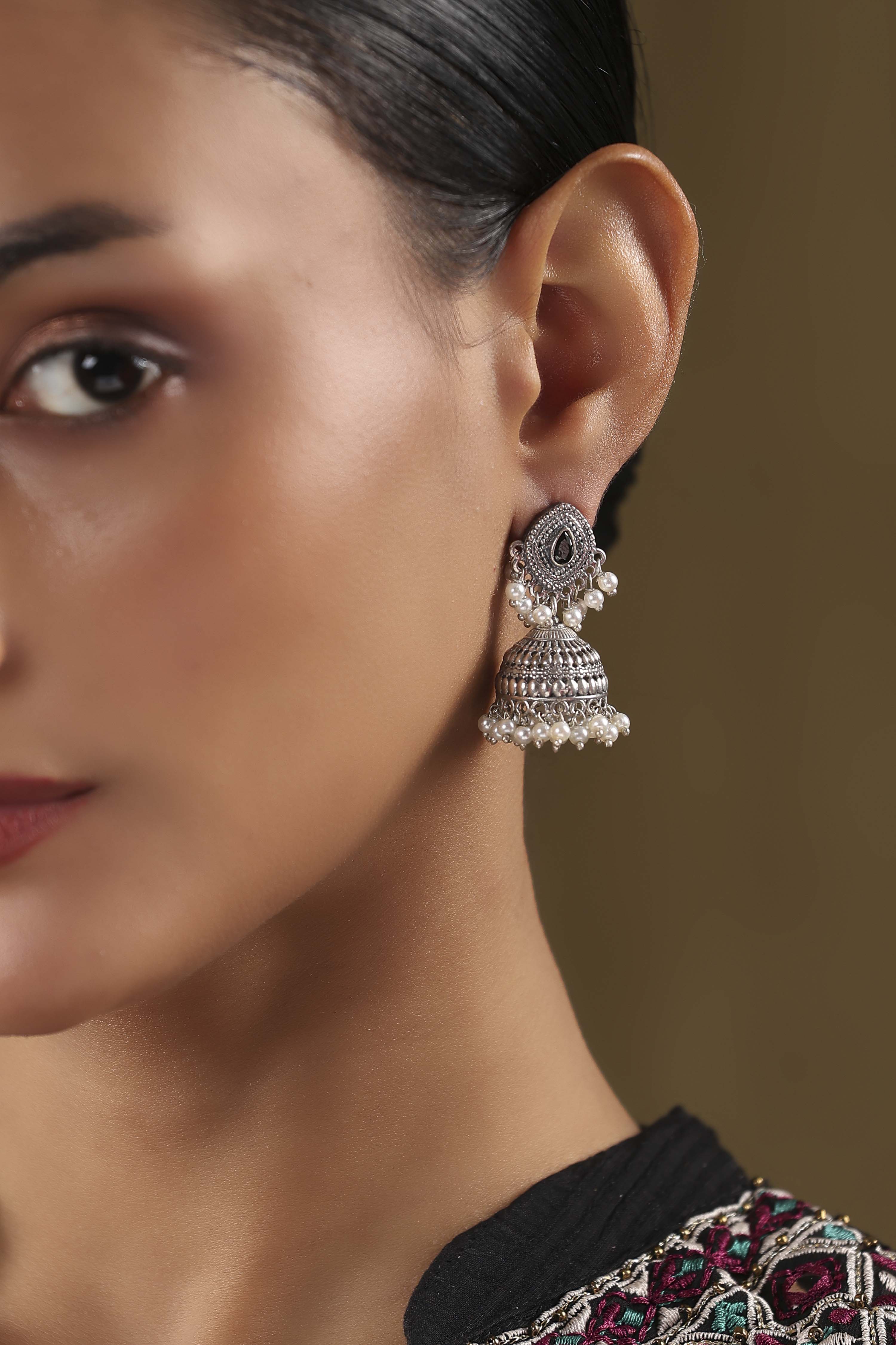 Black Oxidised Brass Studded Jhumkas image number 1