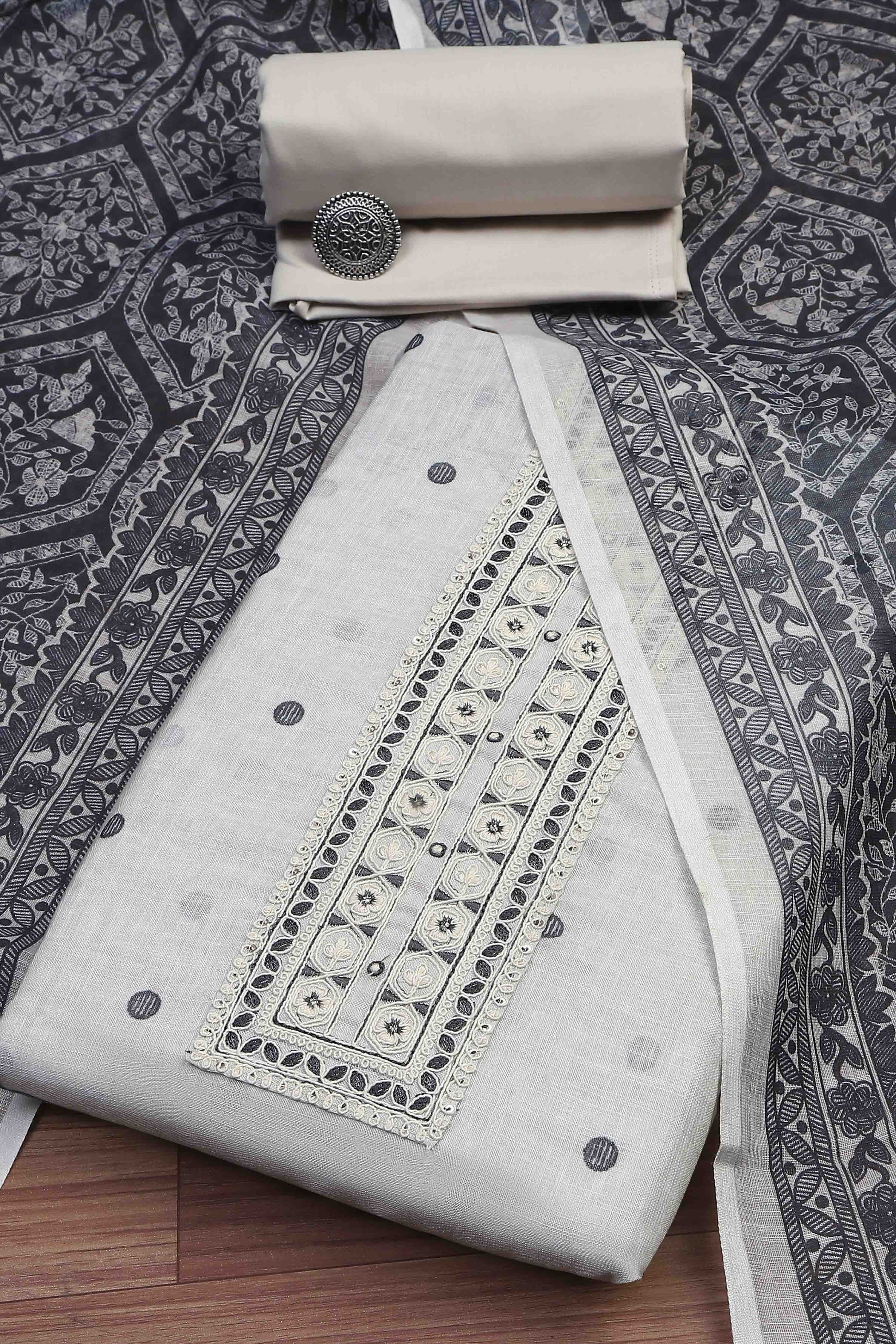 Beige Linen Booti Print Unstitched Suit Set image number 0