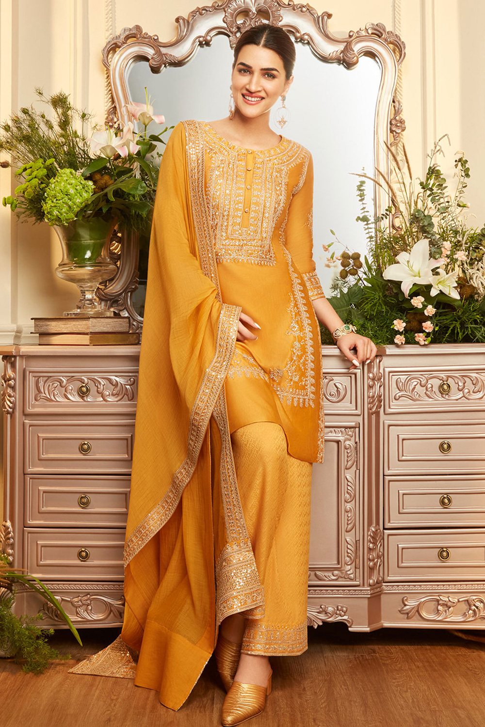 Ochre Yellow Cotton Silk Straight Suit Set image number 0