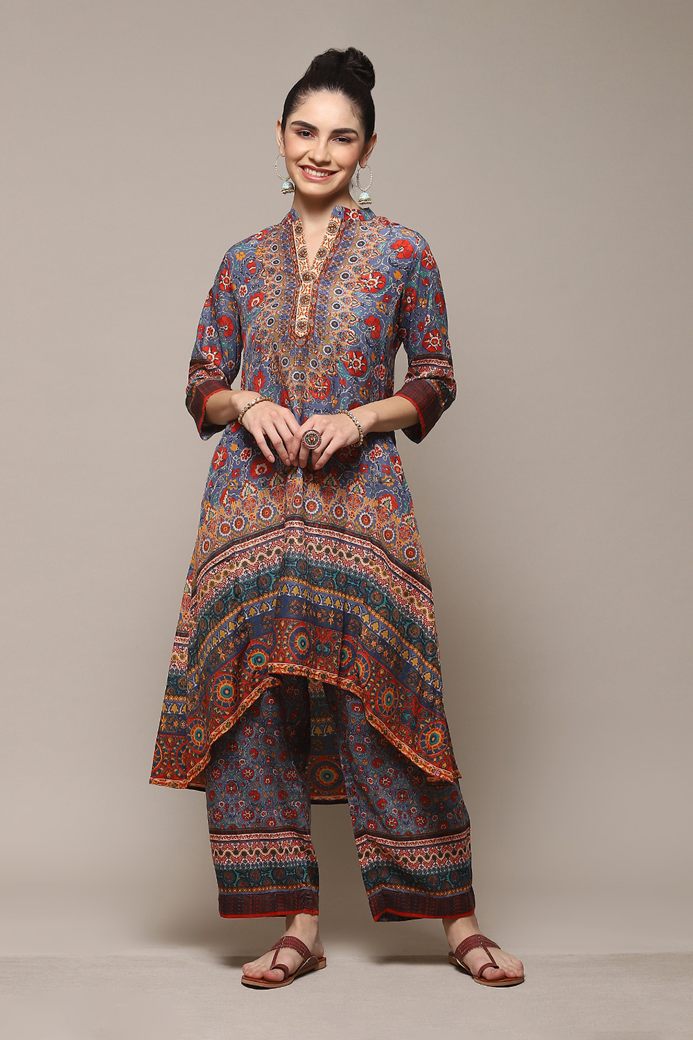 Blue Polyester Asymmetric Kurta Palazzo Suit Set image number 6