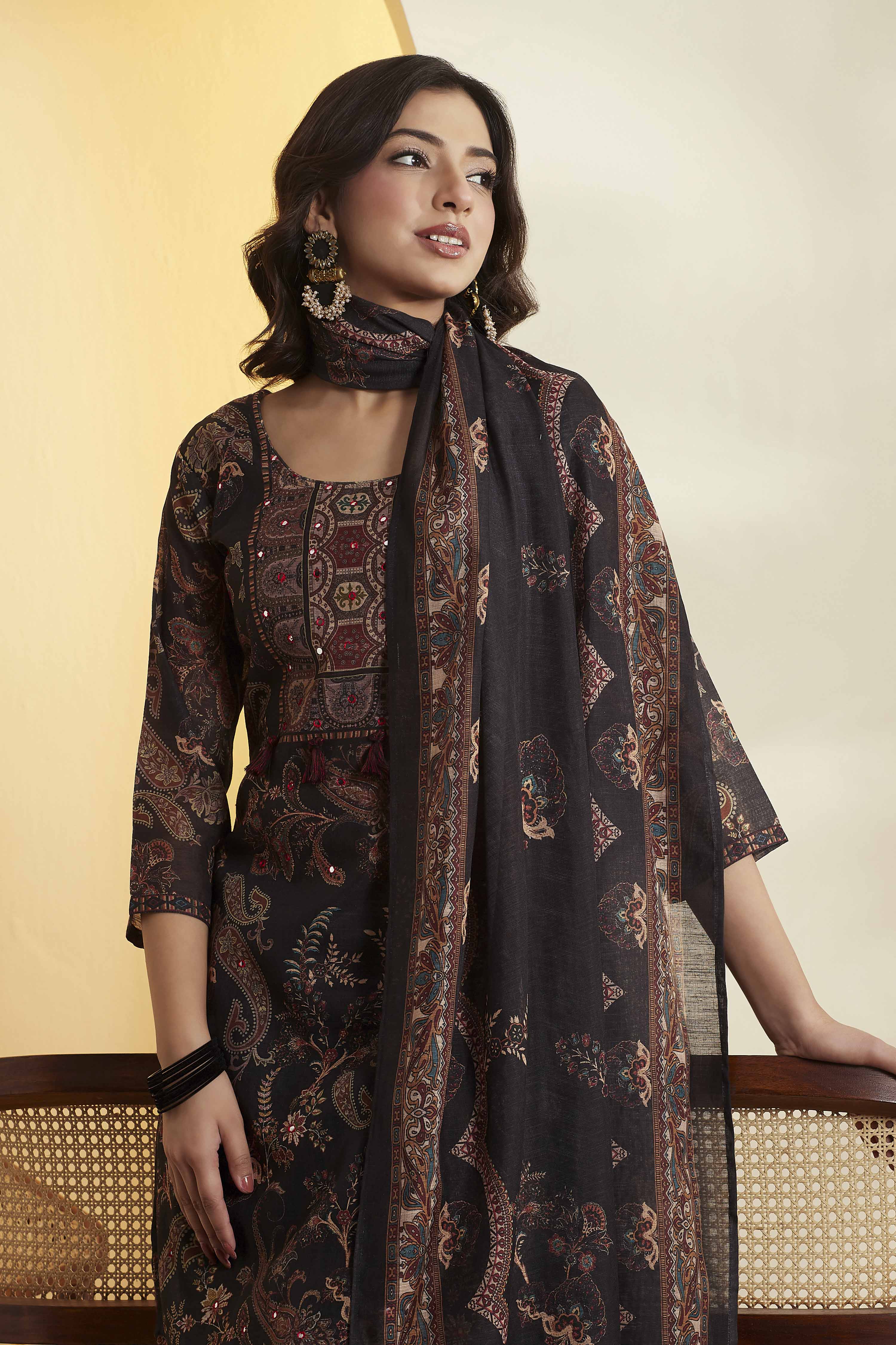 Black Paisley Printed Poly Linen Kurta Set image number 1