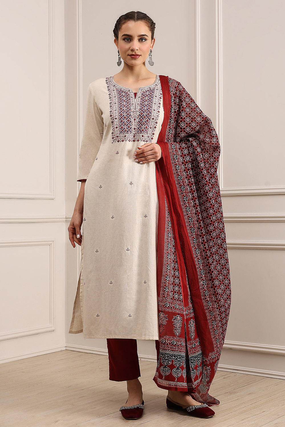 Beige Cotton Machine Embroidered Unstitched Suit Set image number 7