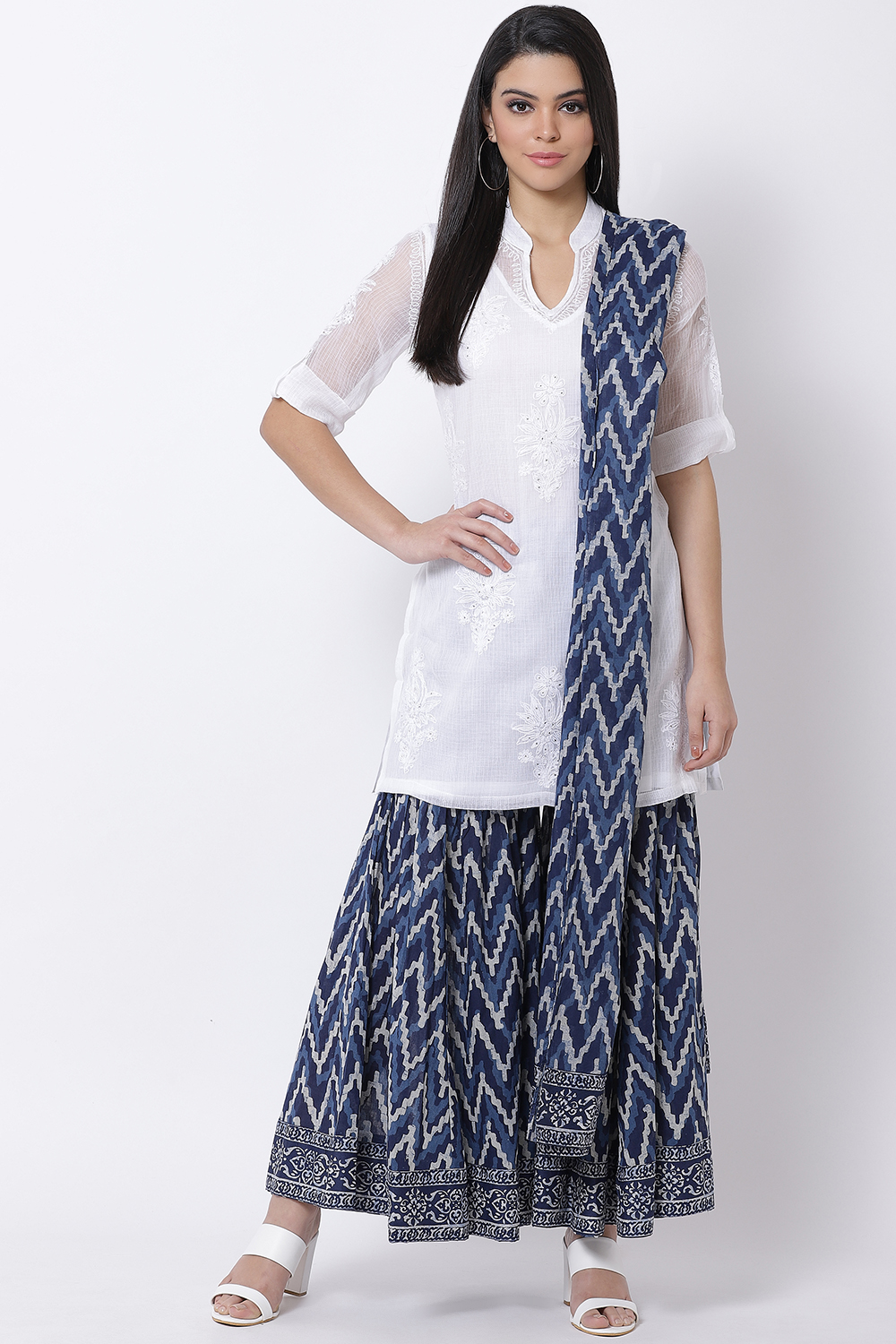White Cotton Chikankari Kurta Garara Suit Set image number 0