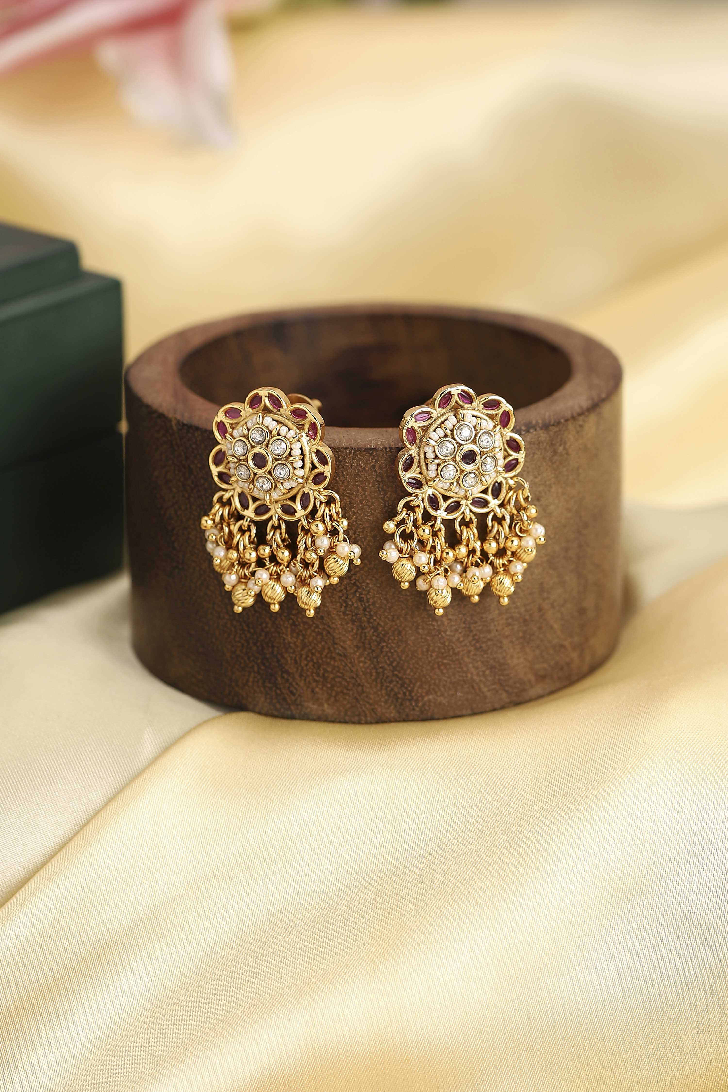 Pink Gold Plated Brass Studded Drop Earrings image number 0
