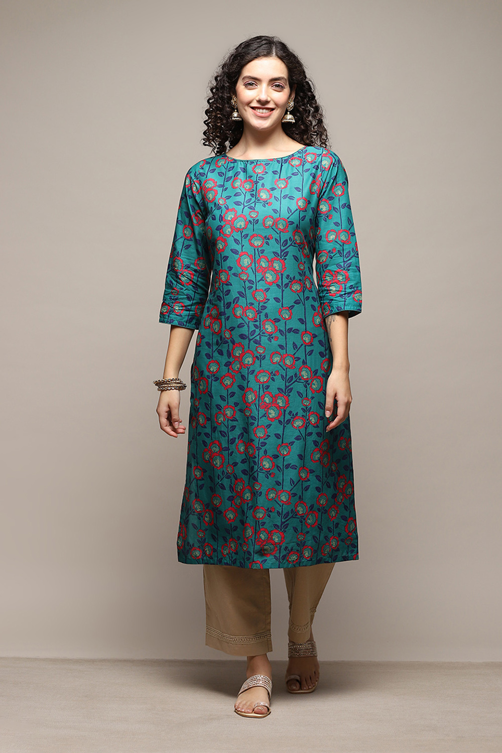 Buy Turquoise Cotton Straight Printed Kurta for INR779.40 |Biba India