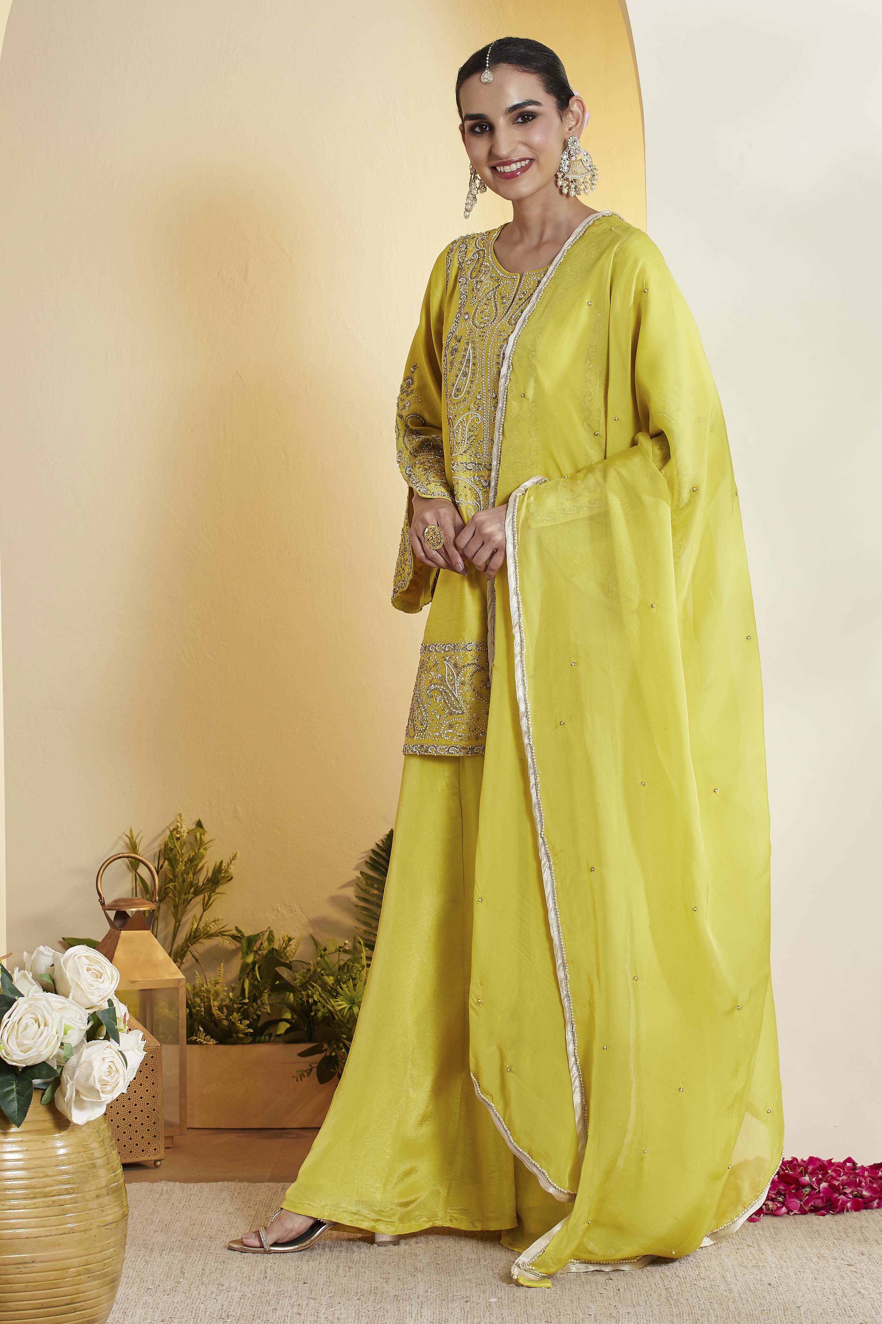 Lime Green Cotton Silk Embroidery Suit Set image number 4