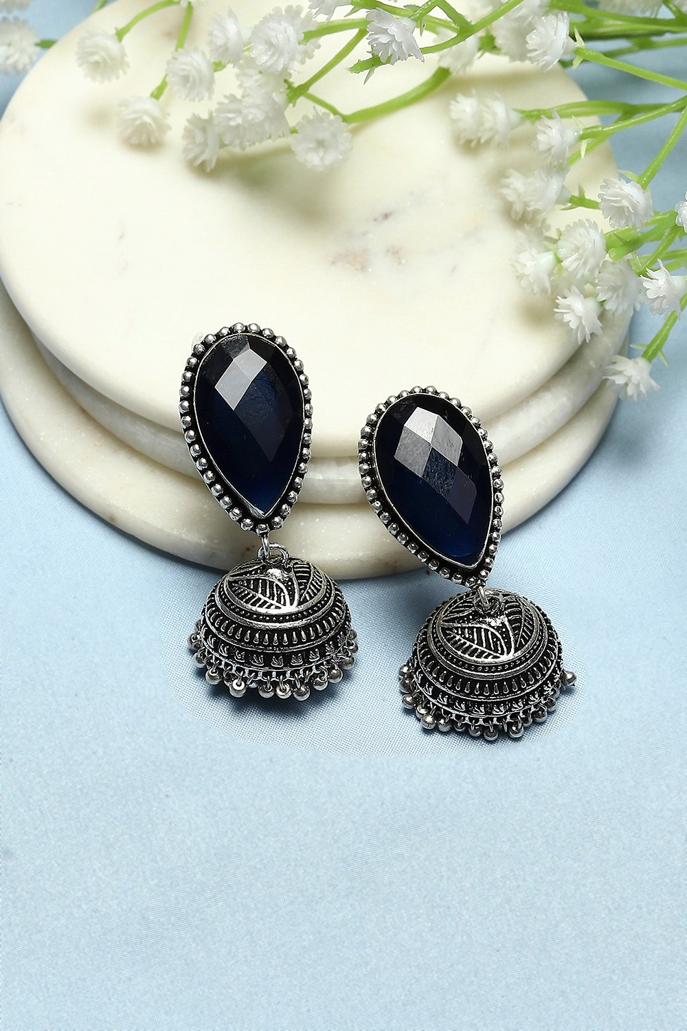 Navy Blue Oxidised Stone Studded Tear Drop Jhumkas image number 0
