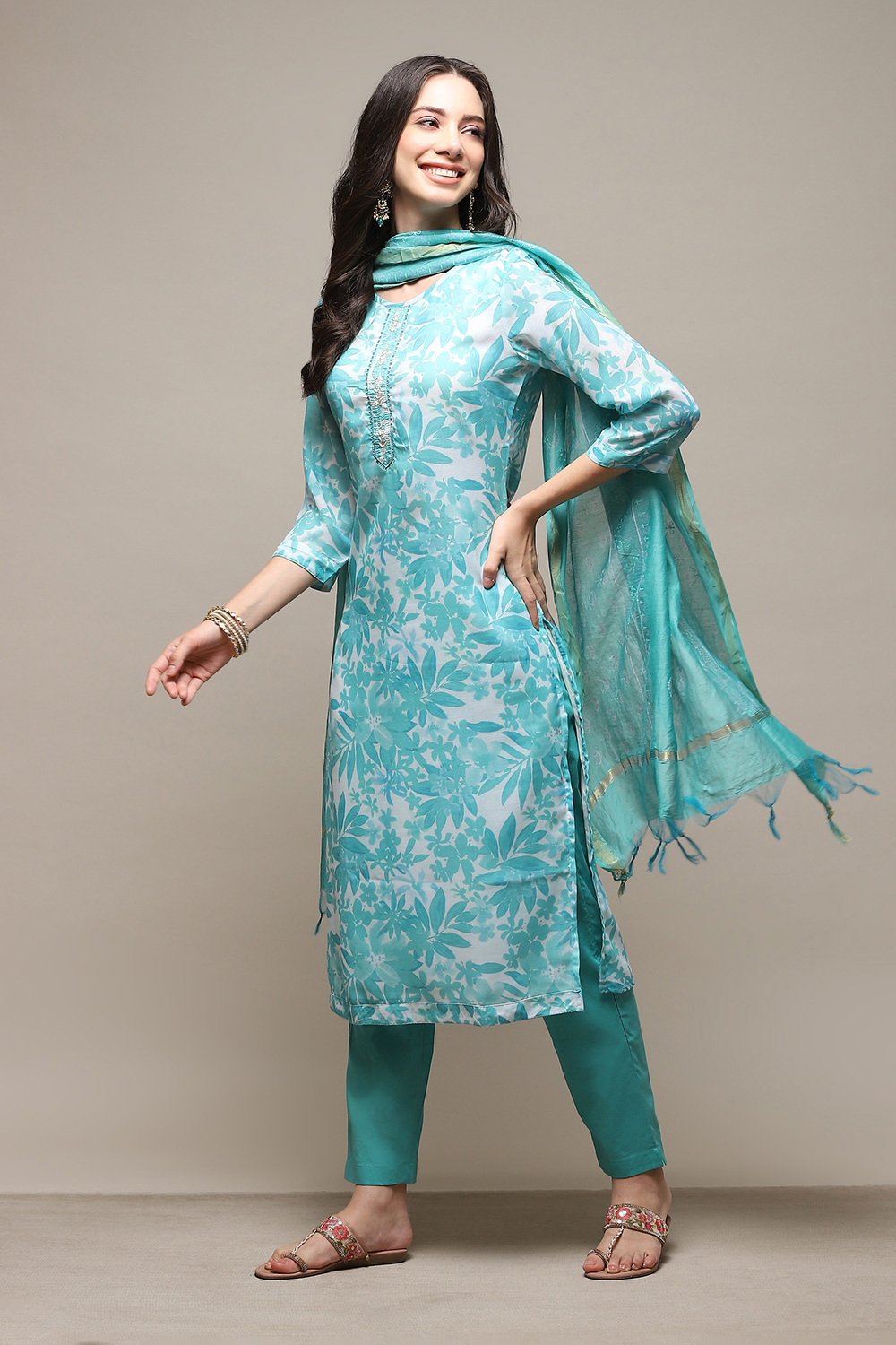 Teal Blue Silk Blend Printed Unstitched Suit Set image number 1