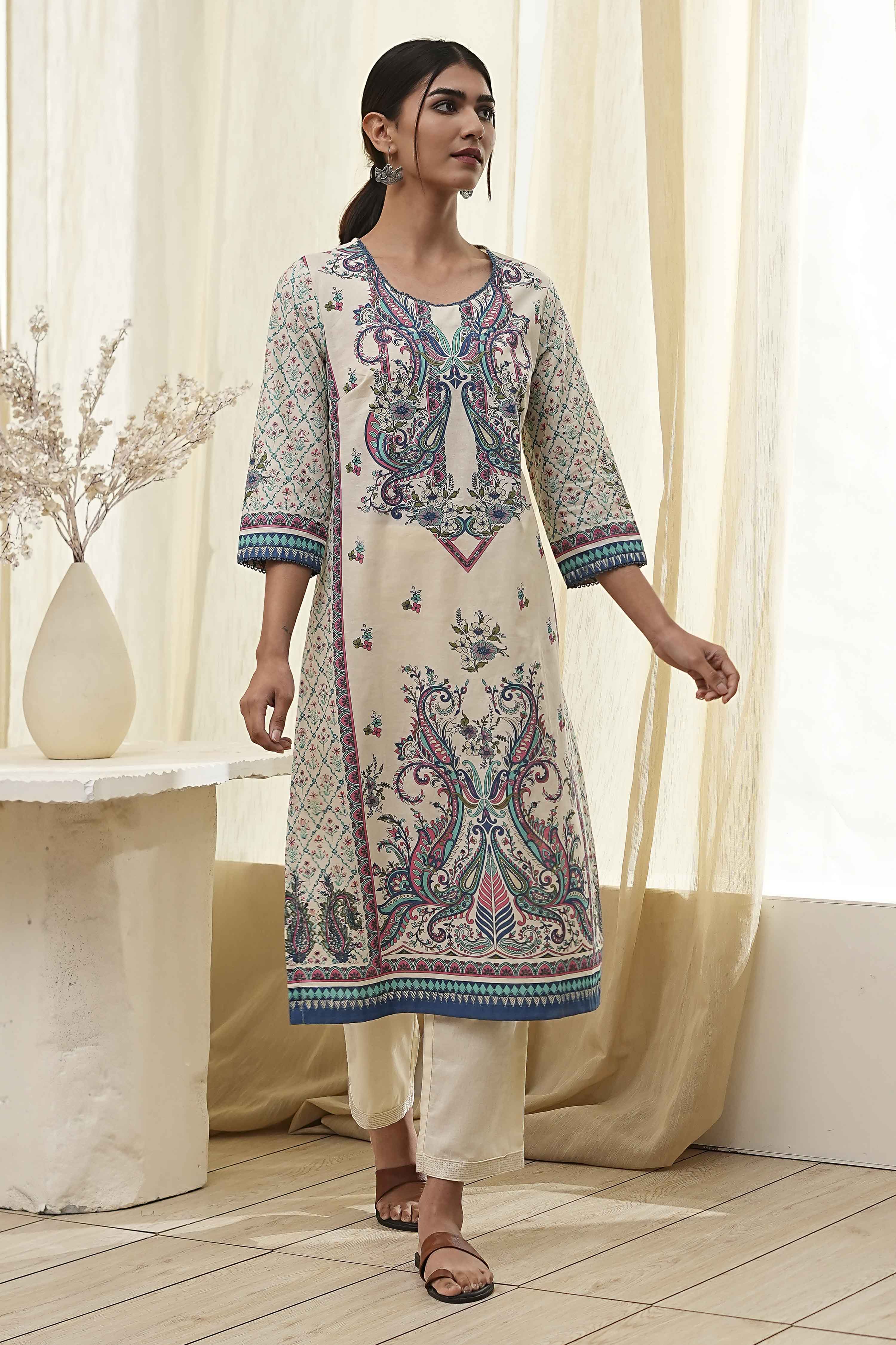 Blue Pure Cotton Printed Straight Kurta image number 0