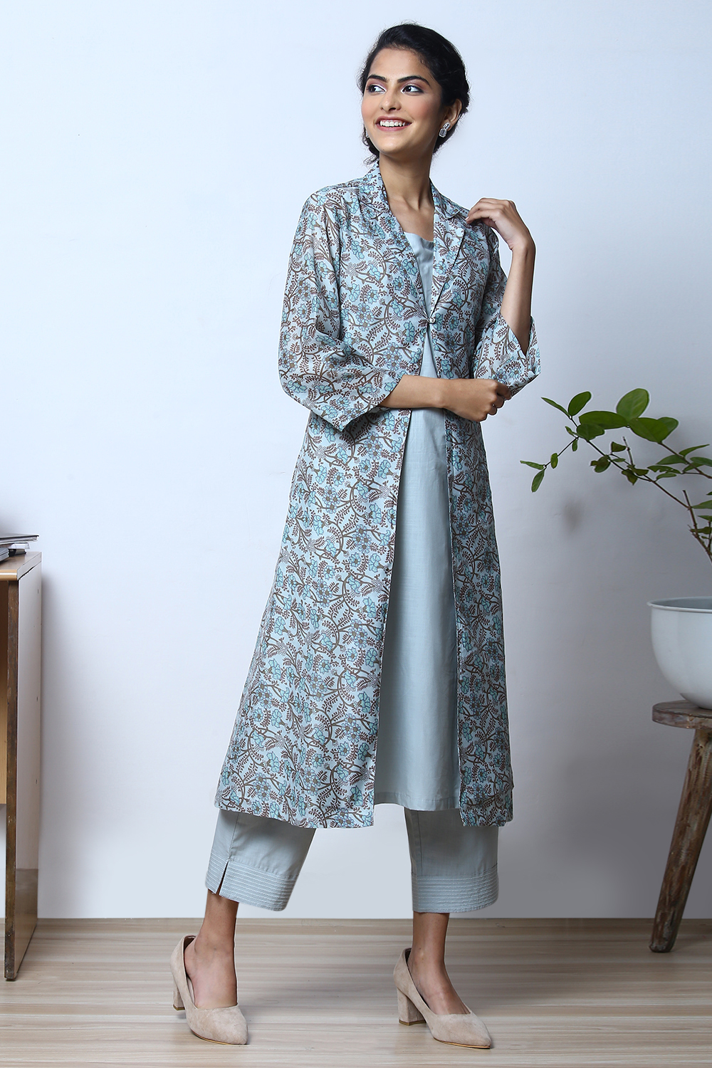 Smoke Blue Art Silk Fusion Kurta Relaxed Pant Suit Set image number 4