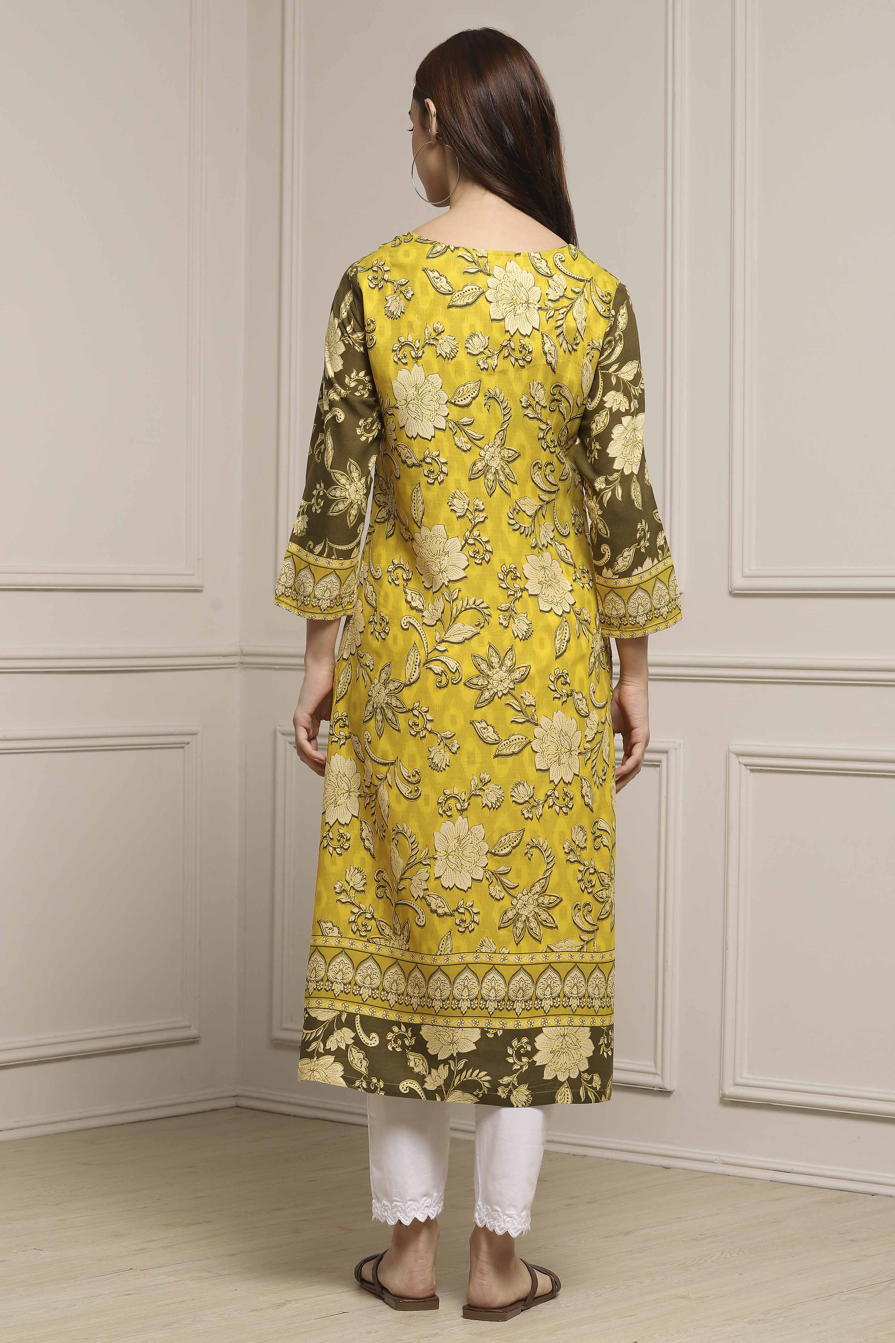 Olive Green LIVA Straight Printed Kurta image number 3