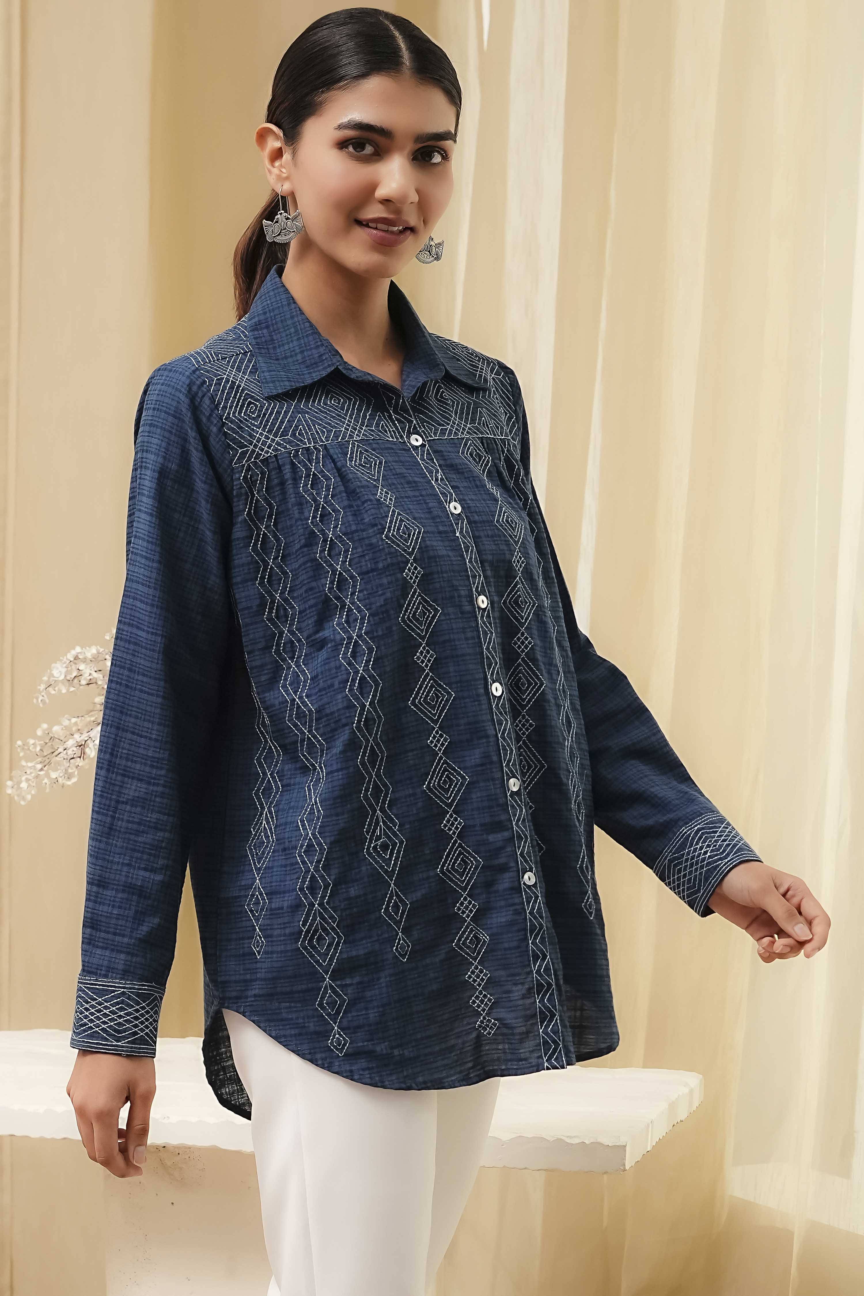 Blue Cotton Blend High-Low Straight Shirt image number 4