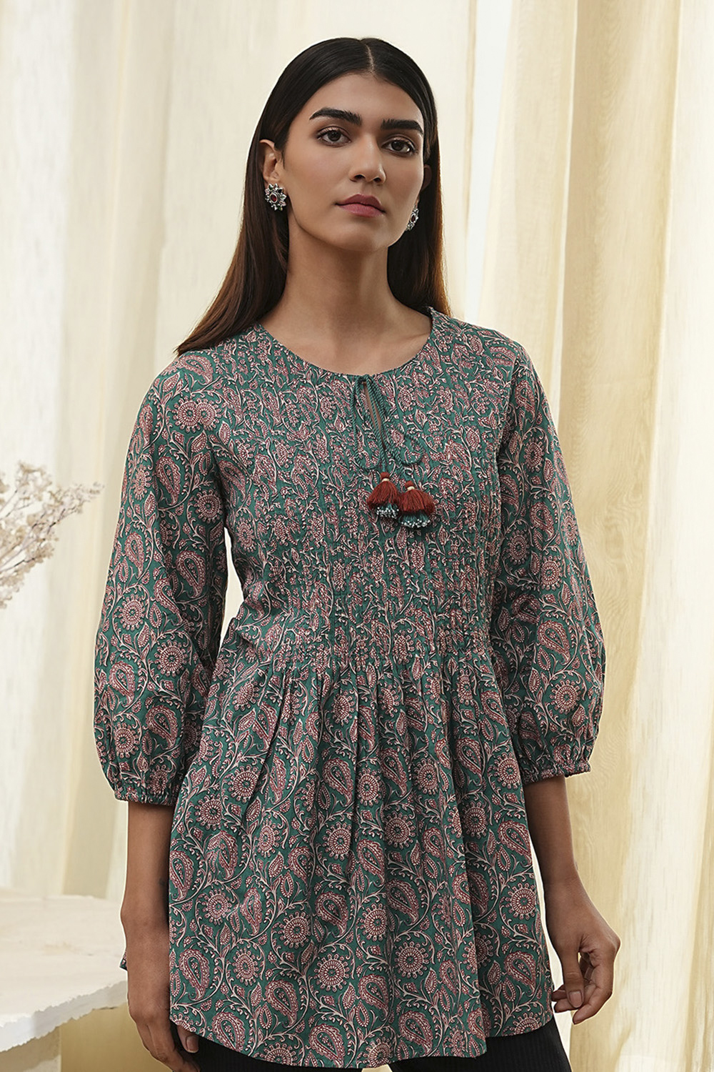 Teal Green Cotton Pleated A-Line Short Kurta image number 1