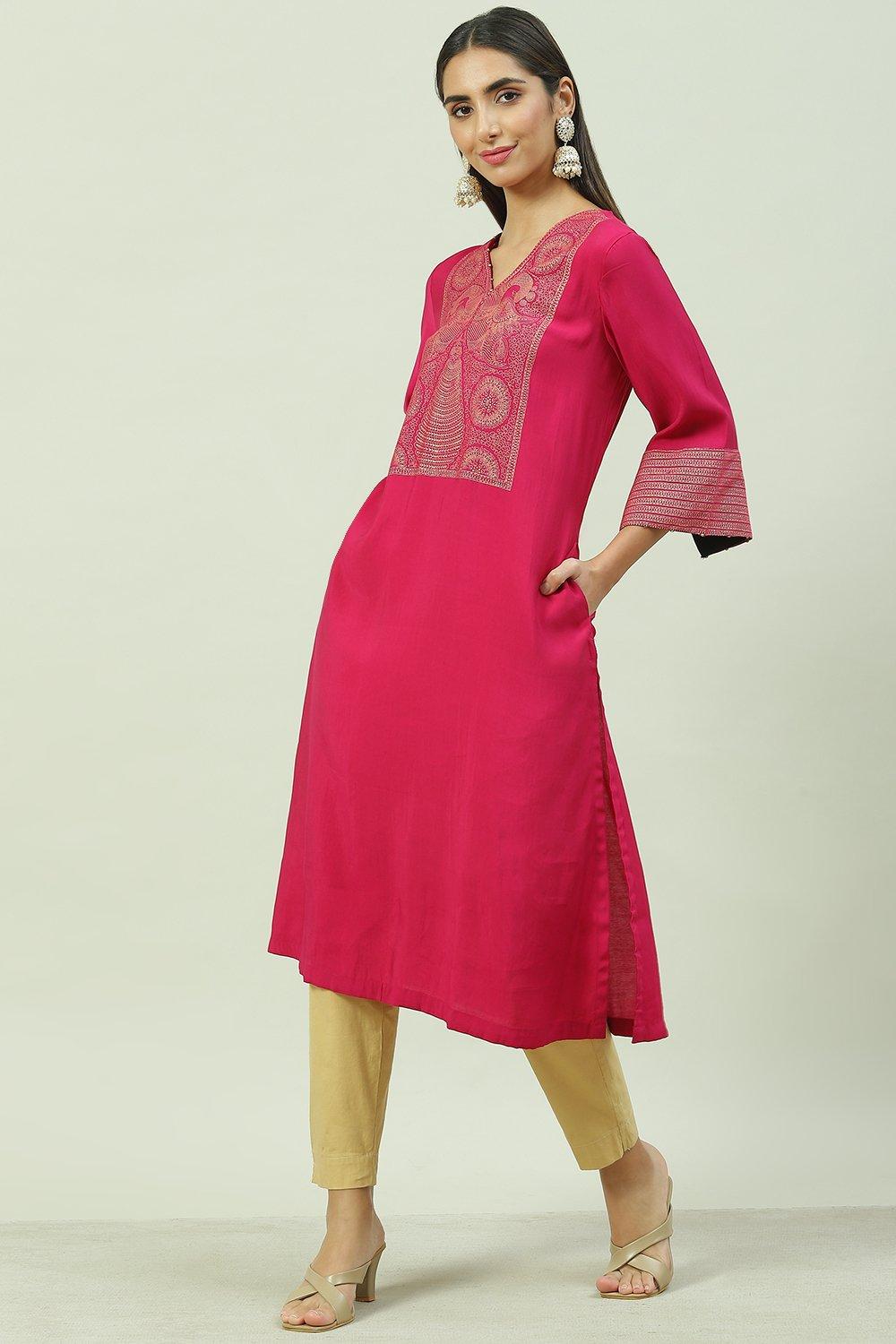 Fuschia Poly Viscose A-Line Printed Kurta image number 5