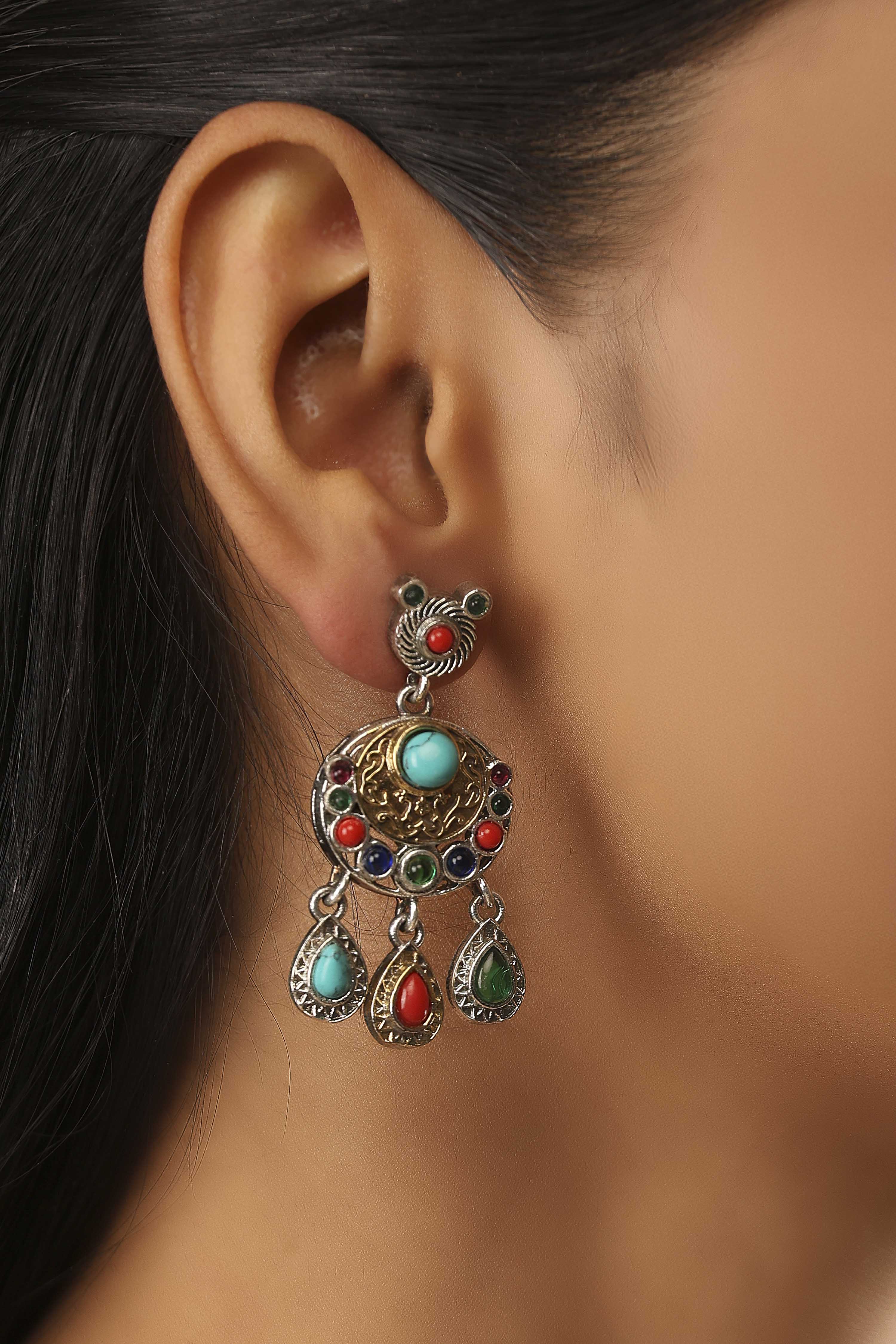 Multicolour Brass Stone Studded Drop Earrings image number 1