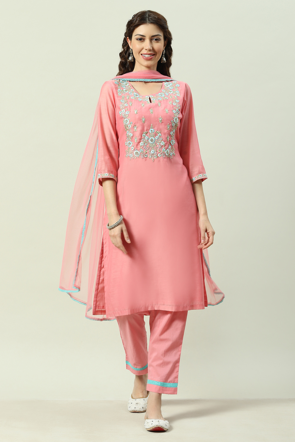 Turquoise Yarndyed A-Line Kurta Regular Pants Suit Set image number 0