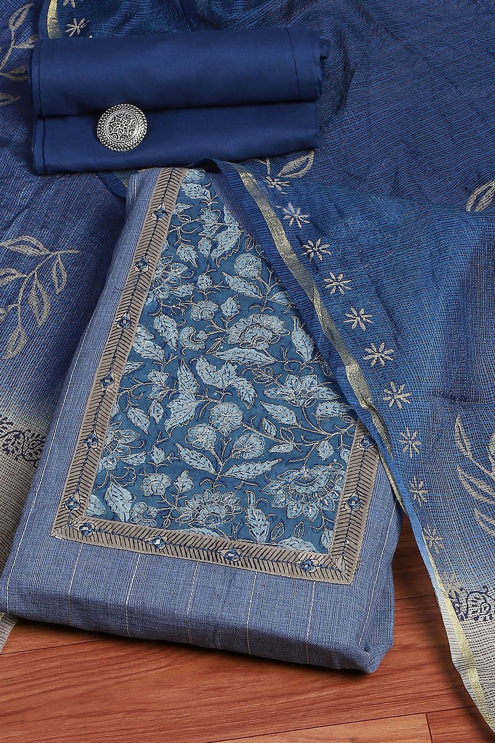 Dark Blue Cotton Floral Handloom Unstitched Suit Set image number 0