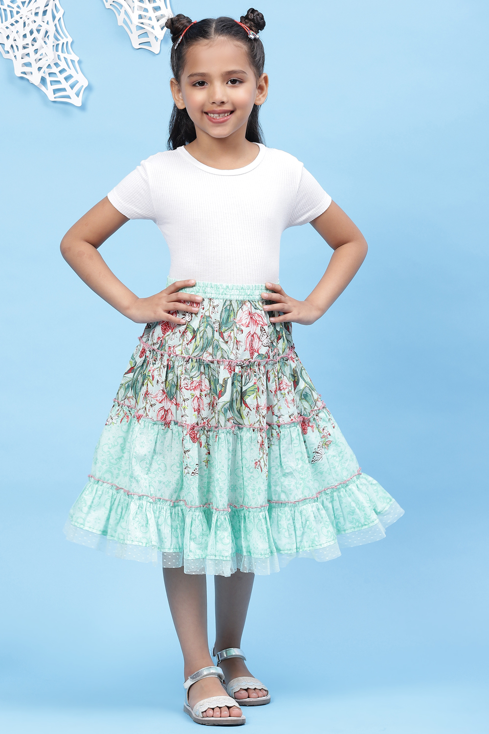 Mint Green Cotton Flared Printed Skirt image number 5