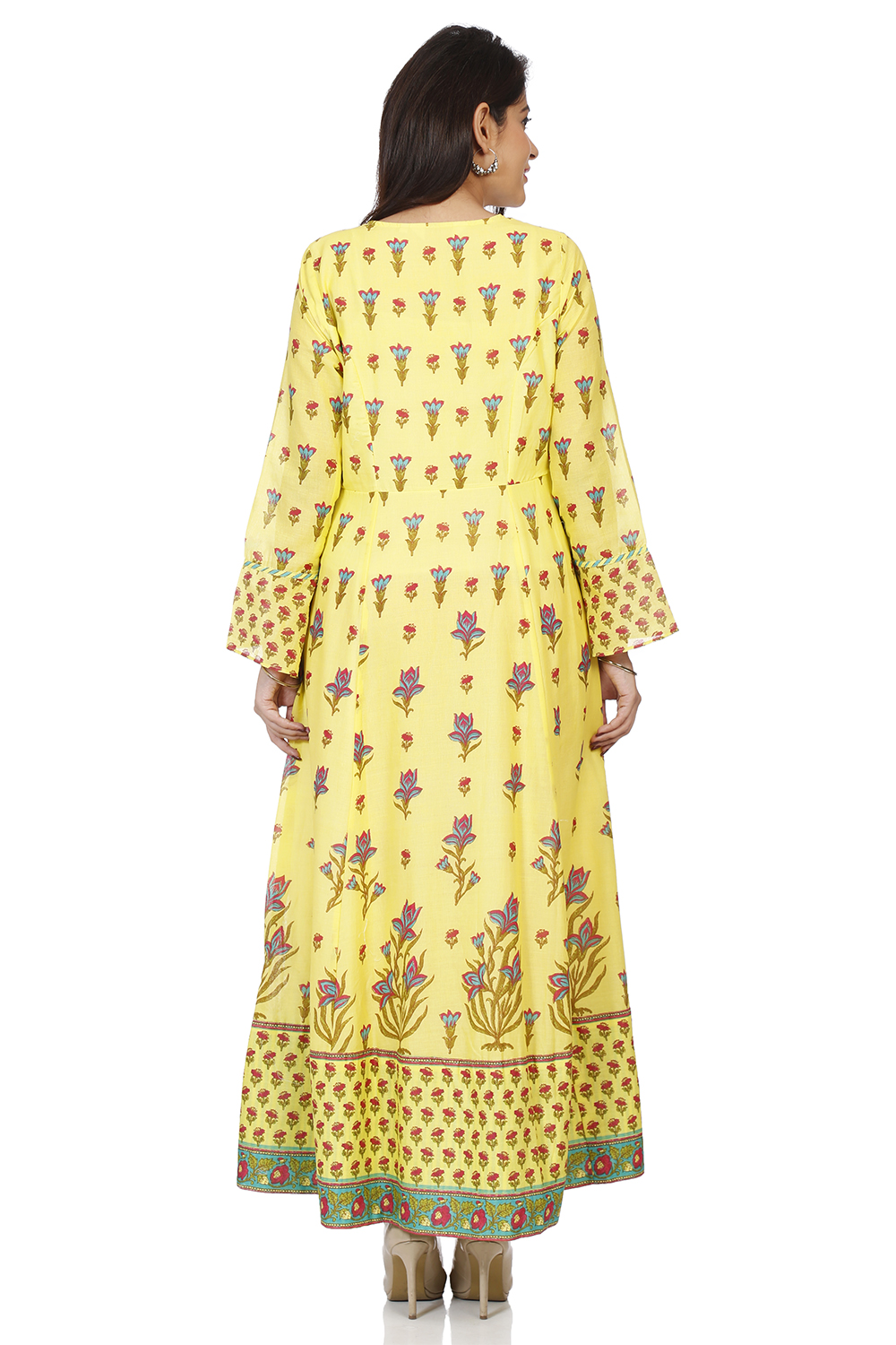 Lemon Yellow Cotton Kalidar Printed Kurta image number 4