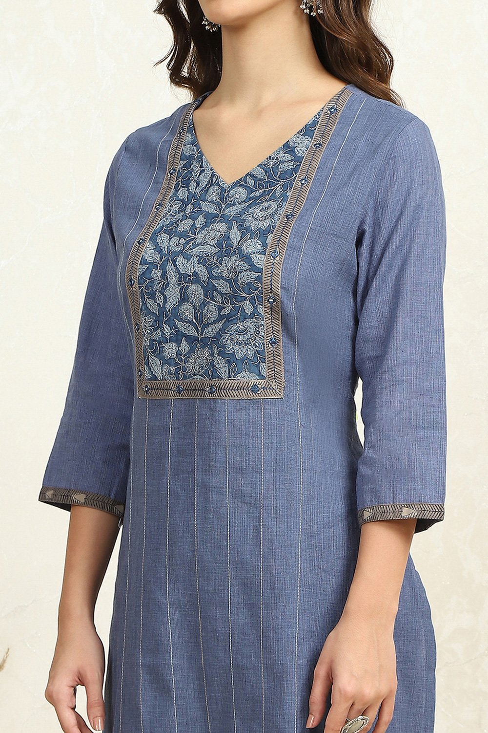 Dark Blue Cotton Floral Handloom Unstitched Suit Set image number 2