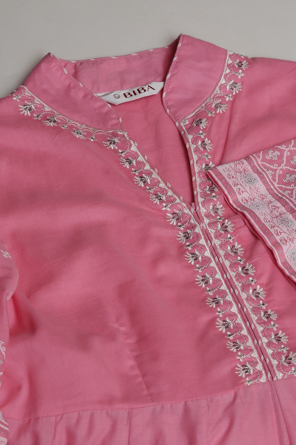 Light Pink Cotton Flared Kurta Churidar Suit Set image number 1
