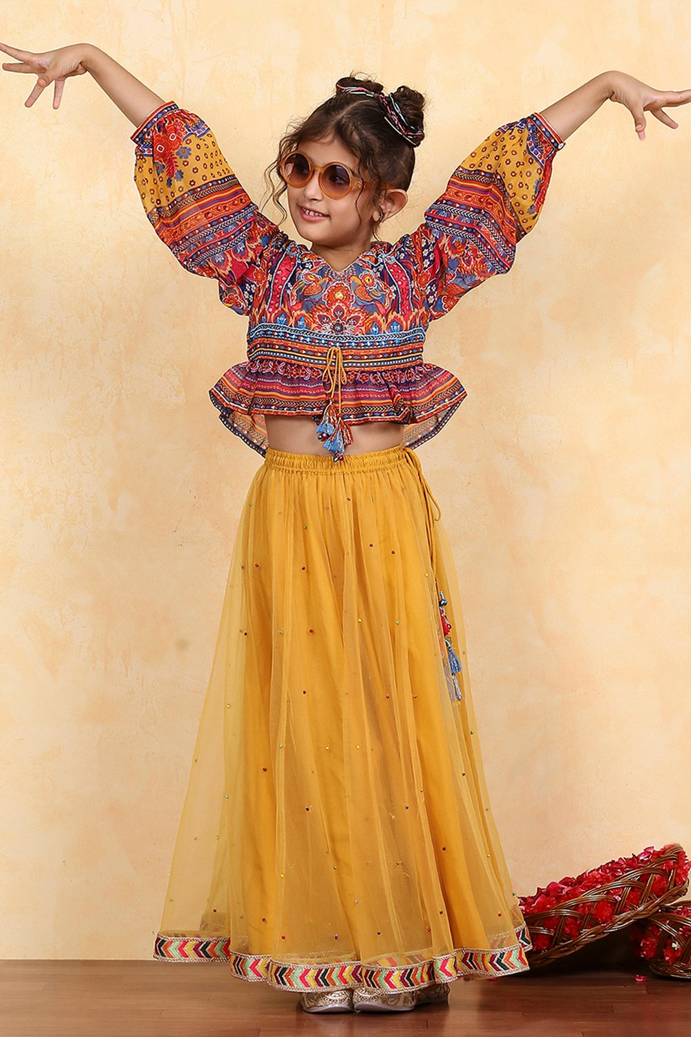 Yellow Polyester Printed Kalidar Lehenga Set image number 0