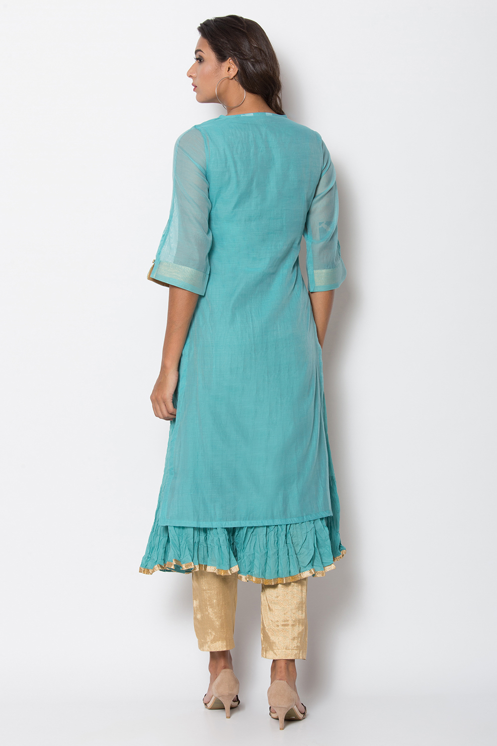 Green Poly Metallic Cotton Flared Yarndyed Kurta image number 5