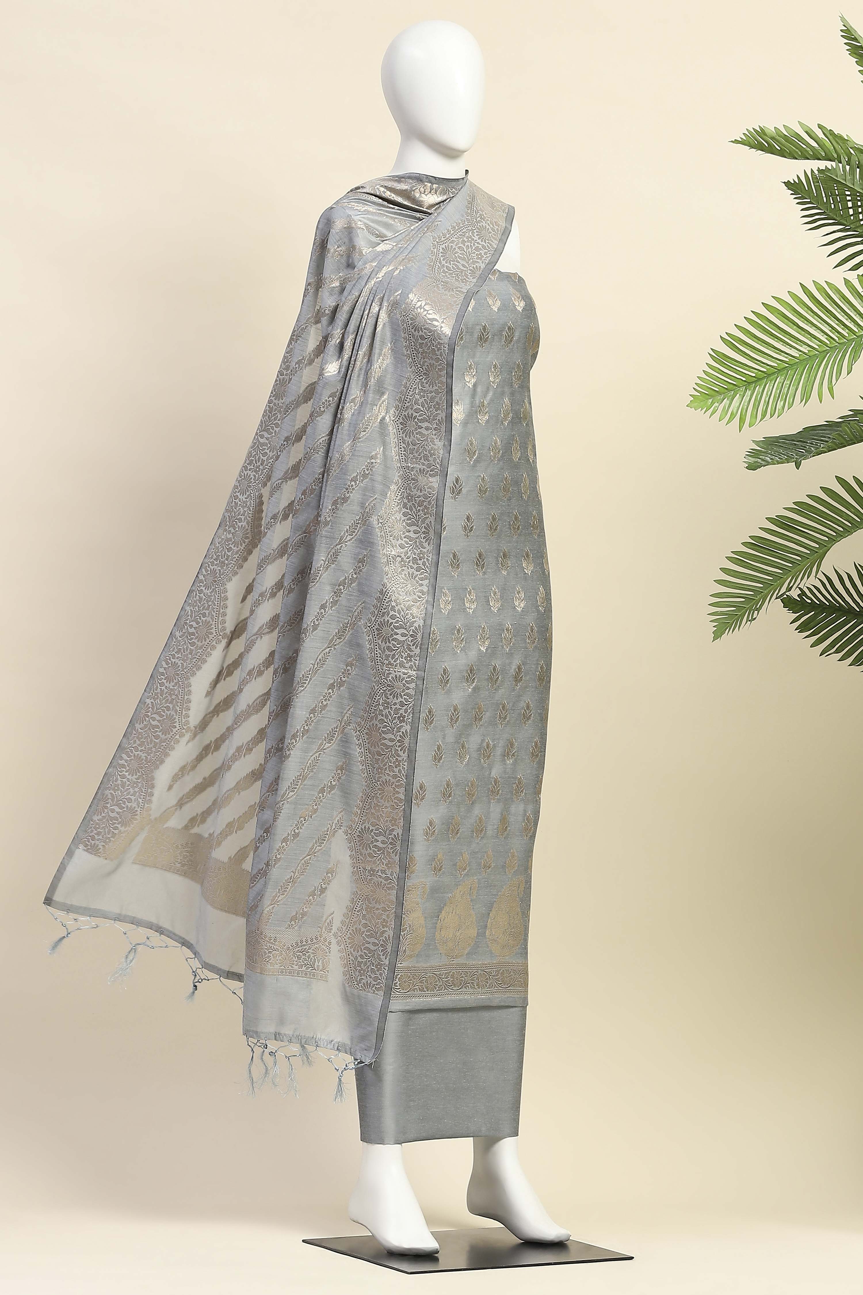 Blue Chanderi  Unstitched Suit Set image number 4