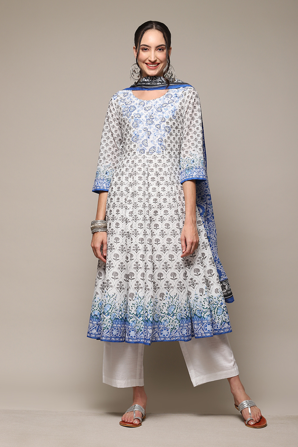 White Cotton Anarkali Kurta Narrow Palazzo Suit Set image number 8