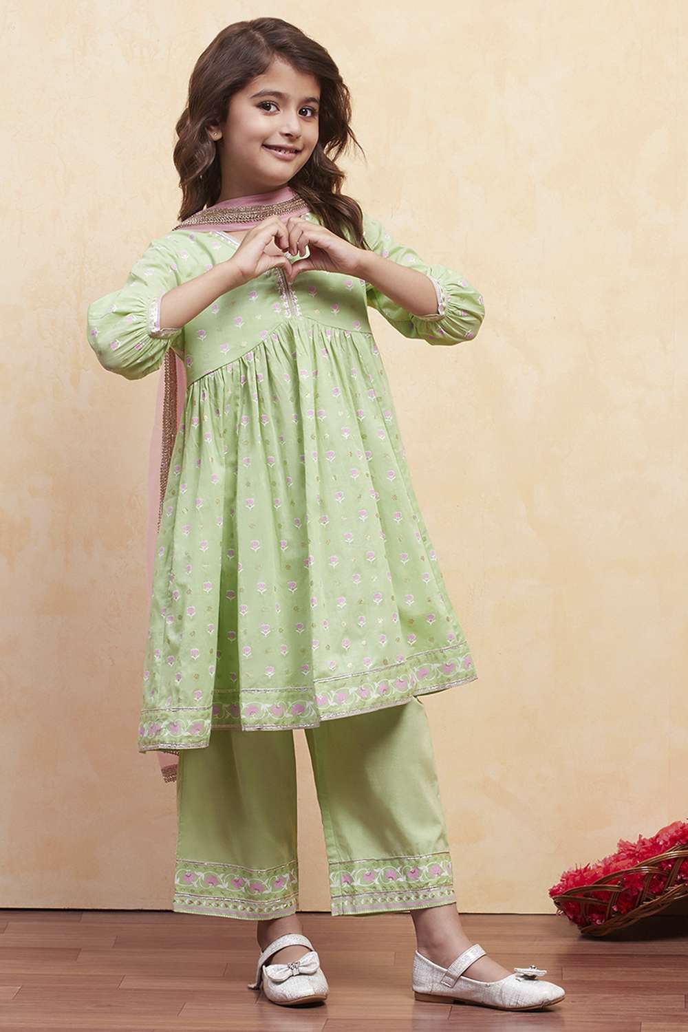 Green Cotton Gathered Suit Set image number 0