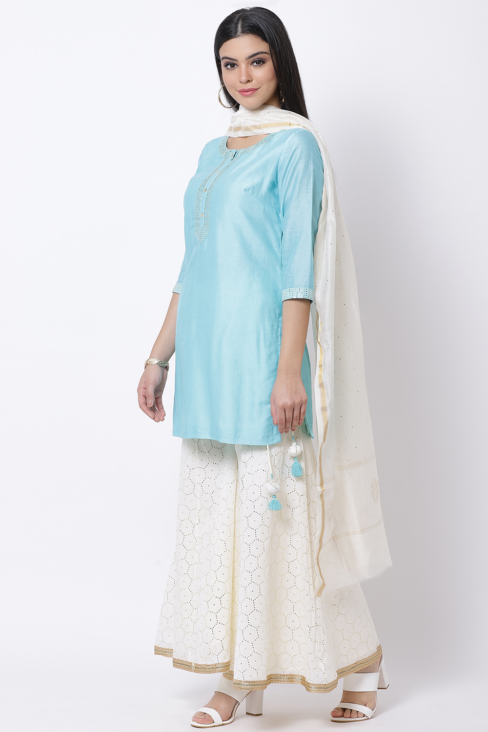 Sky Blue Cotton Kurta Kurta Garara Suit Set image number 2