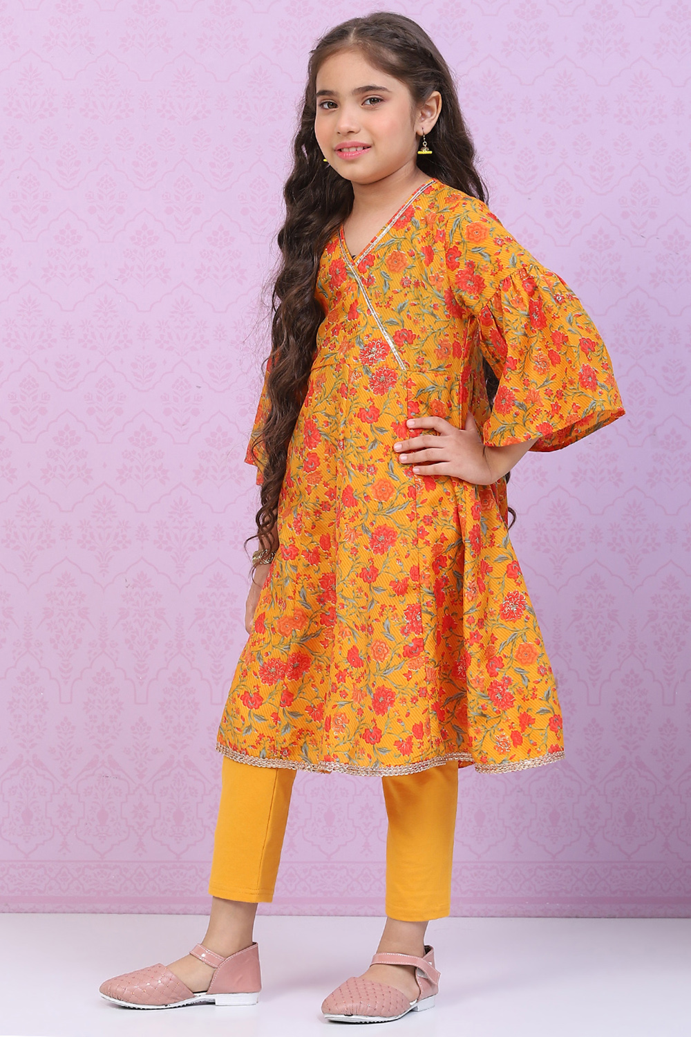 Ochre Art Silk Flared Printed Kurta Set image number 1