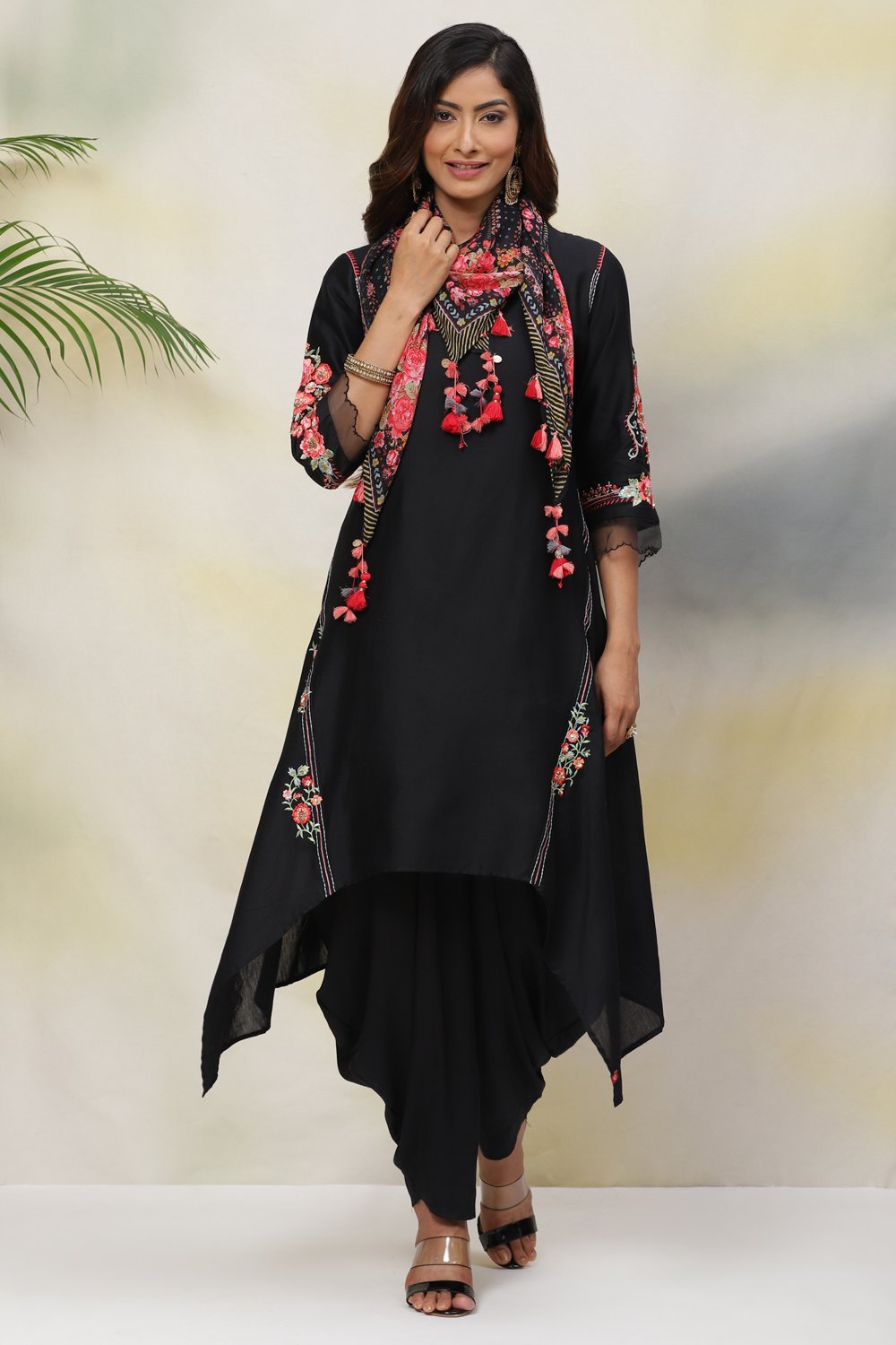 Black Cotton Silk Asymmetric Kurta Dhoti Salwar Suit Set image number 0
