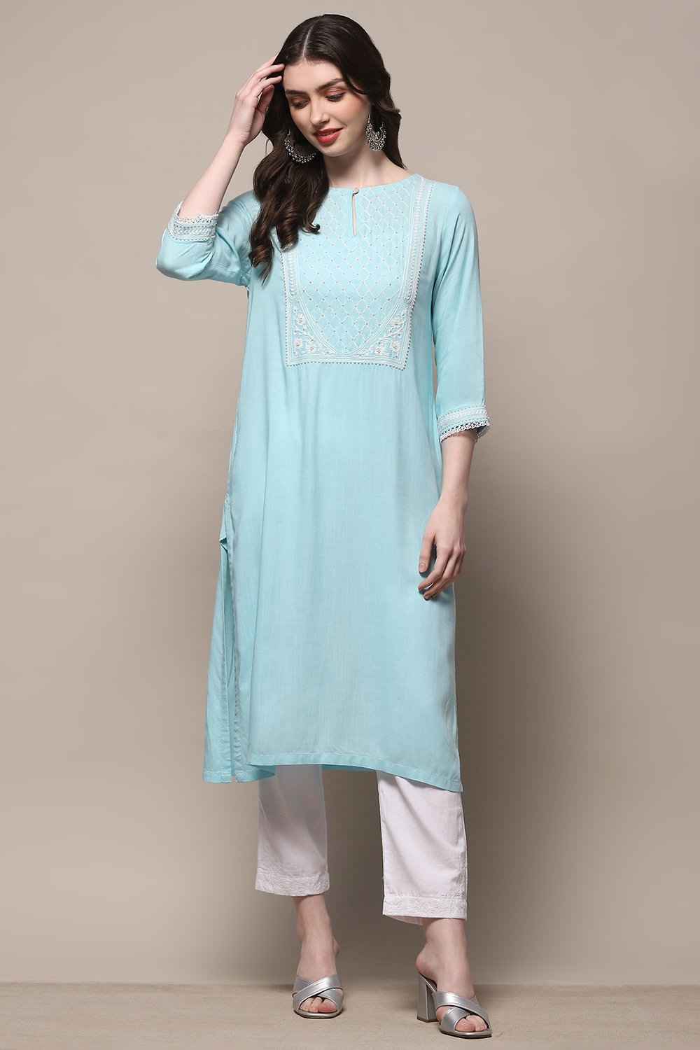 Aqua Blue Cotton Straight Kurta image number 0