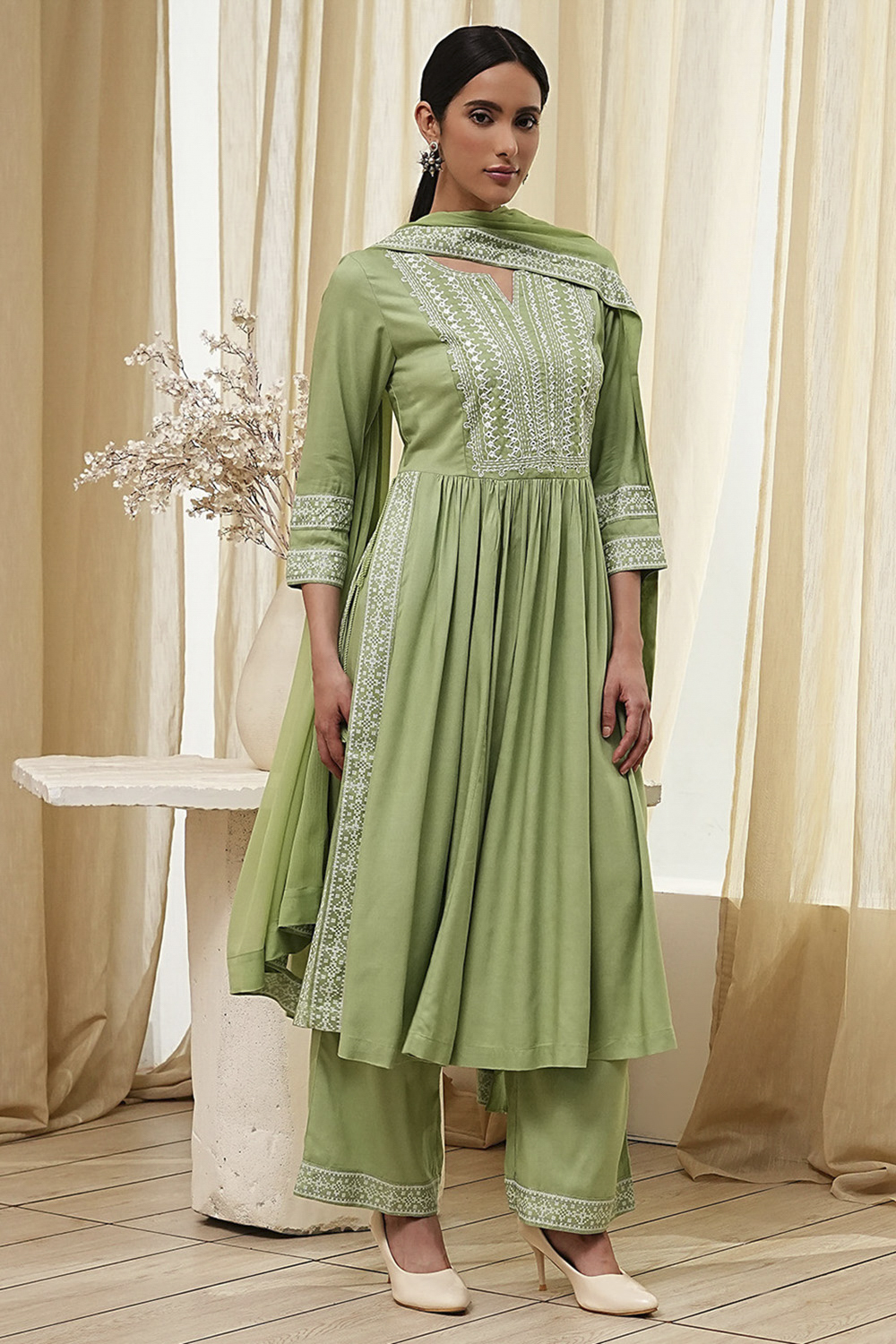 Olive Green Embroidered Gathered Suit Set image number 5
