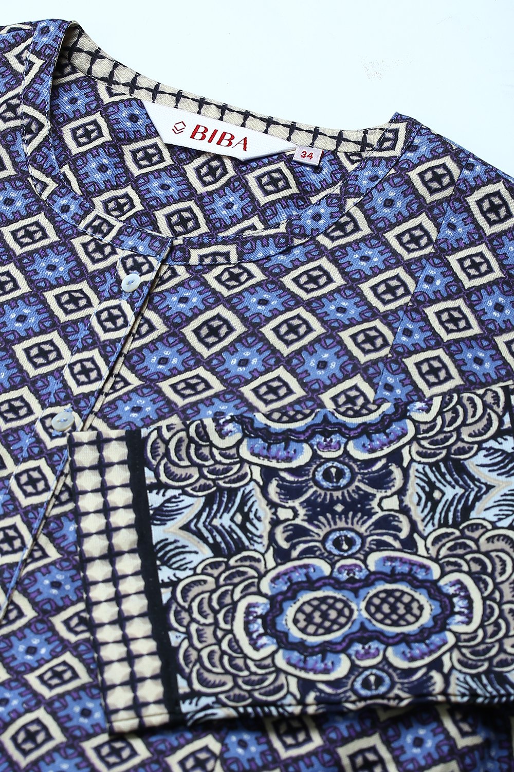 Blue Cotton Flax Straight Printed Kurta image number 1