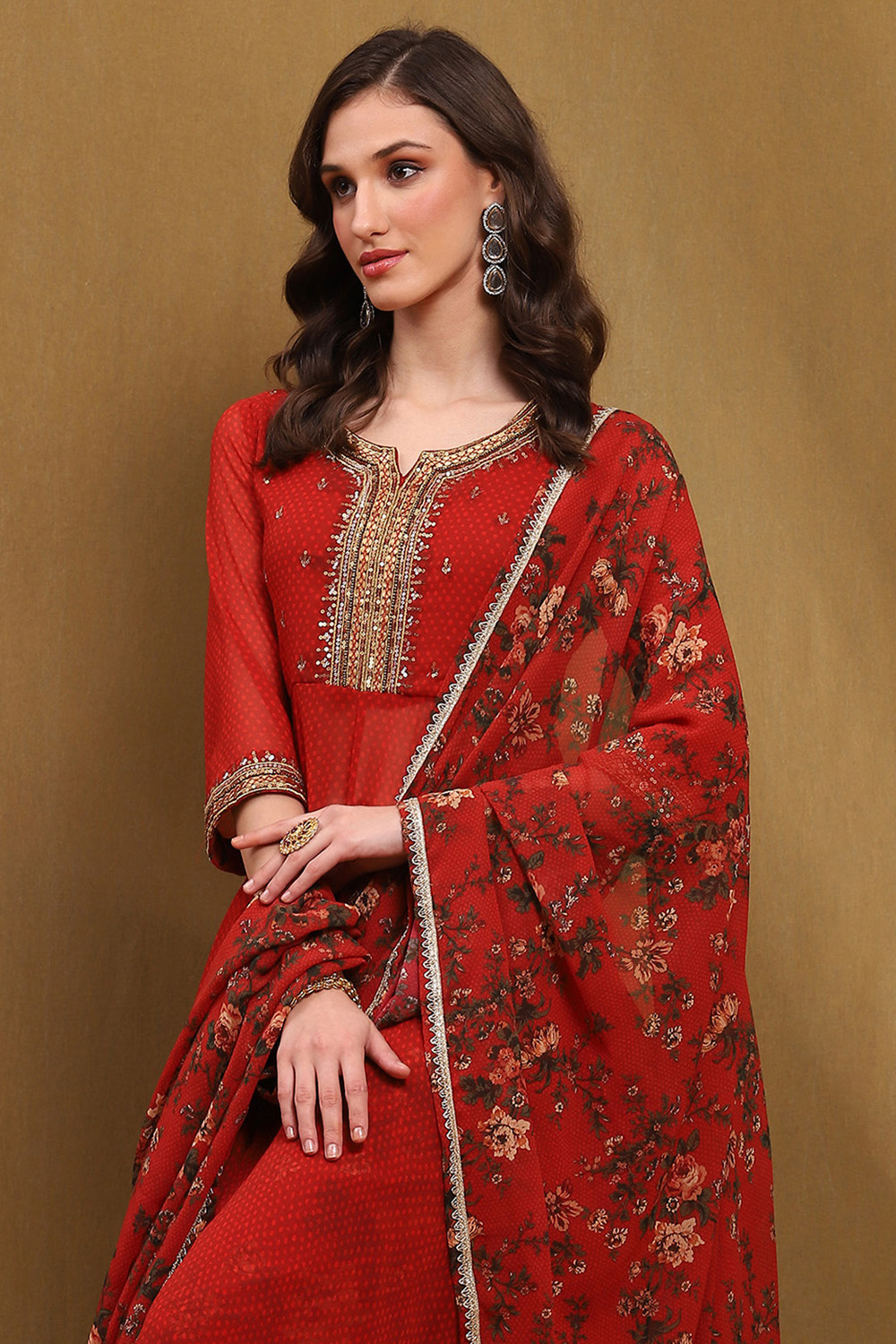 Red Georgette Printed Asymmetric Suit Set image number 7