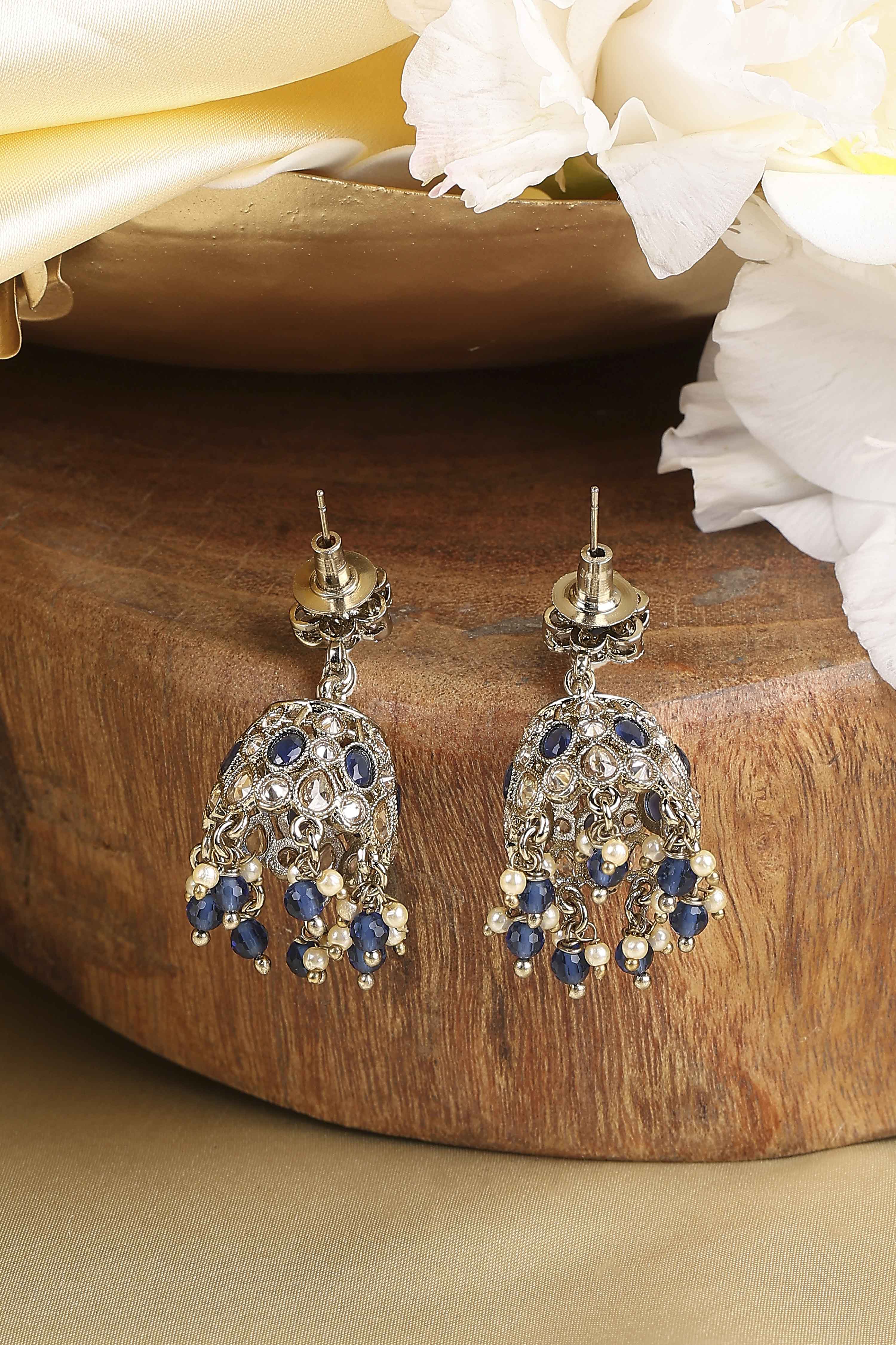 Navy Blue Gold Plated Alloy Studded Jhumkas image number 2