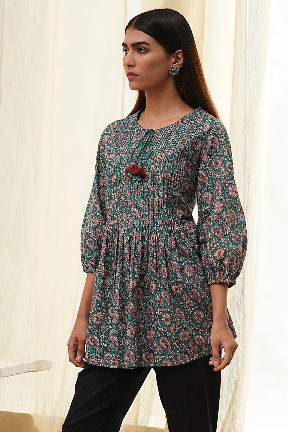 Teal Green Cotton Pleated A-Line Short Kurta image number 2