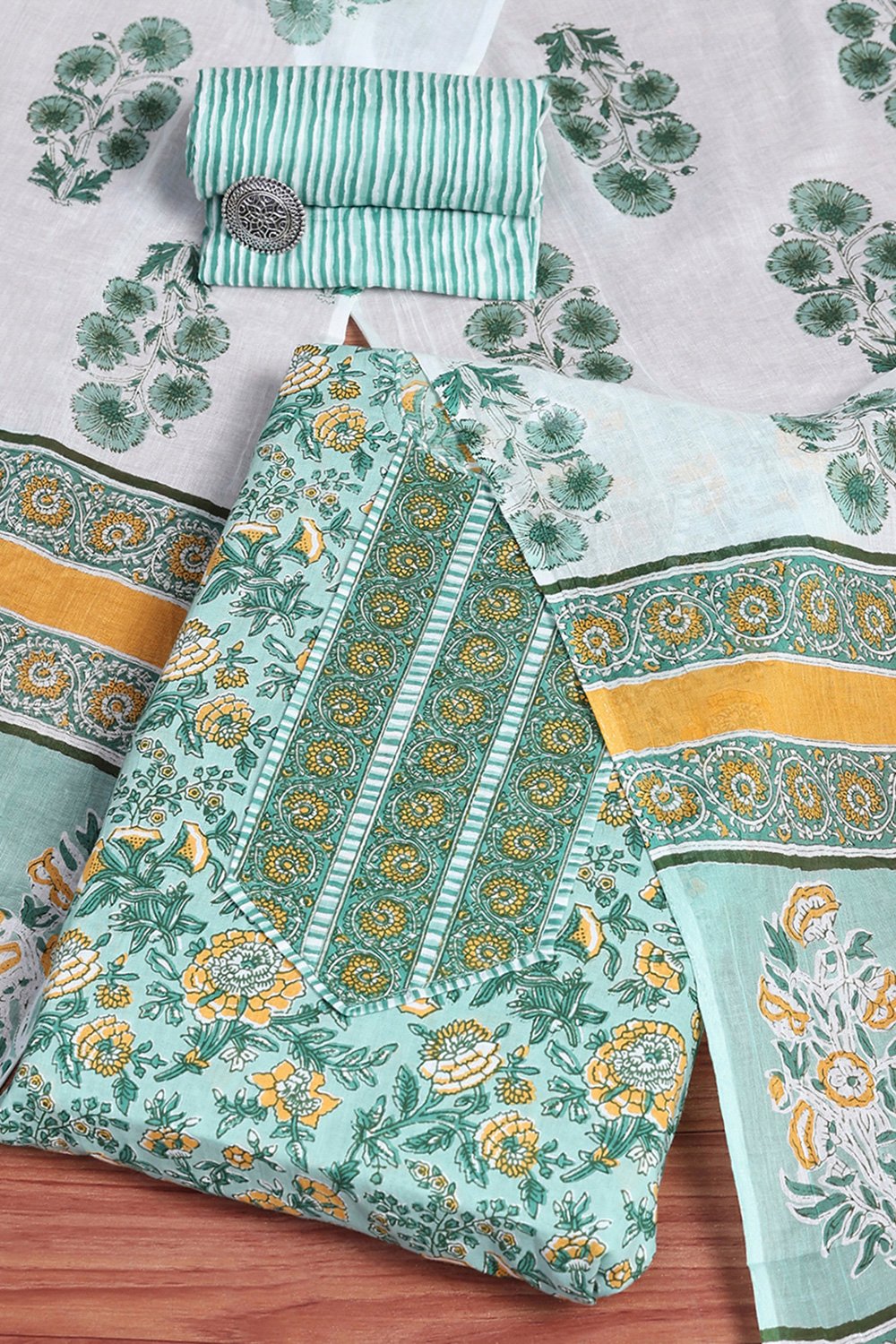 Green Cotton Screen Print Unstitched Suit Set image number 0