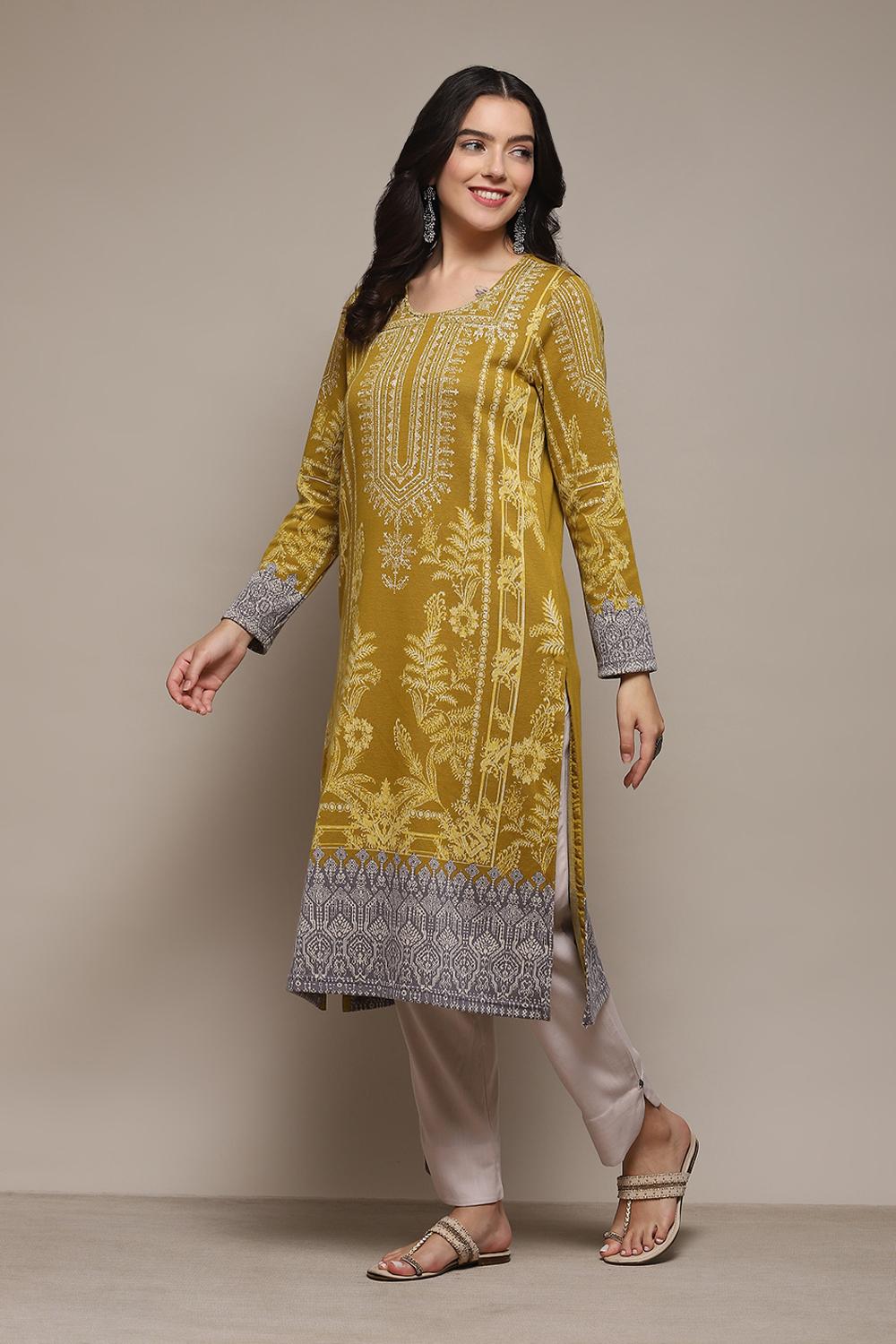 Mustard Poly Cotton Straight Yarndyed Kurta image number 2