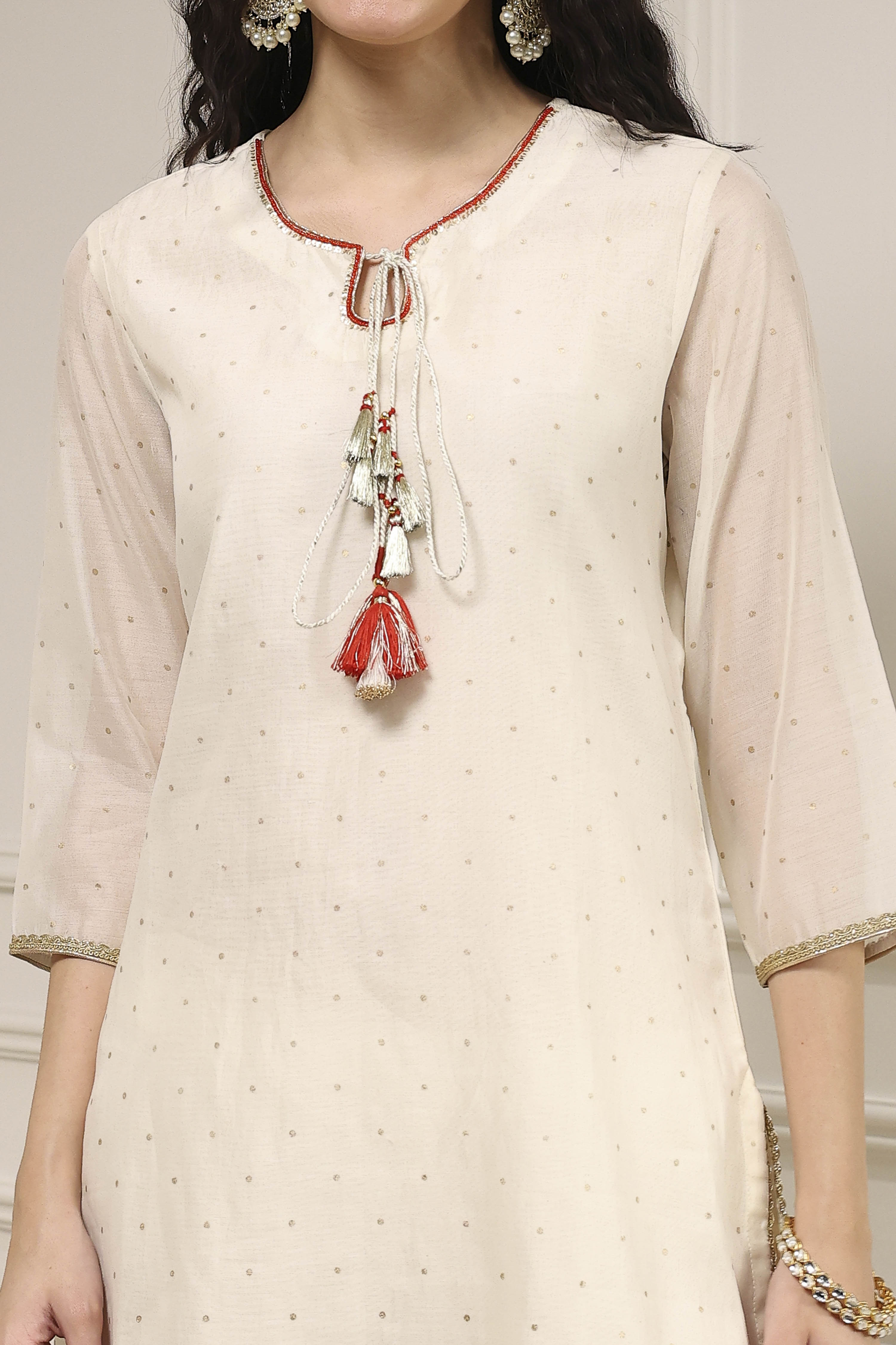 Off-White Art Silk Printed Straight Suit Set image number 1